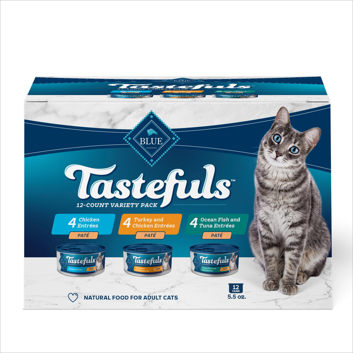 Blue Buffalo Tastefuls chicken pate can highlights real chicken as the main ingredient for flavorful meals.