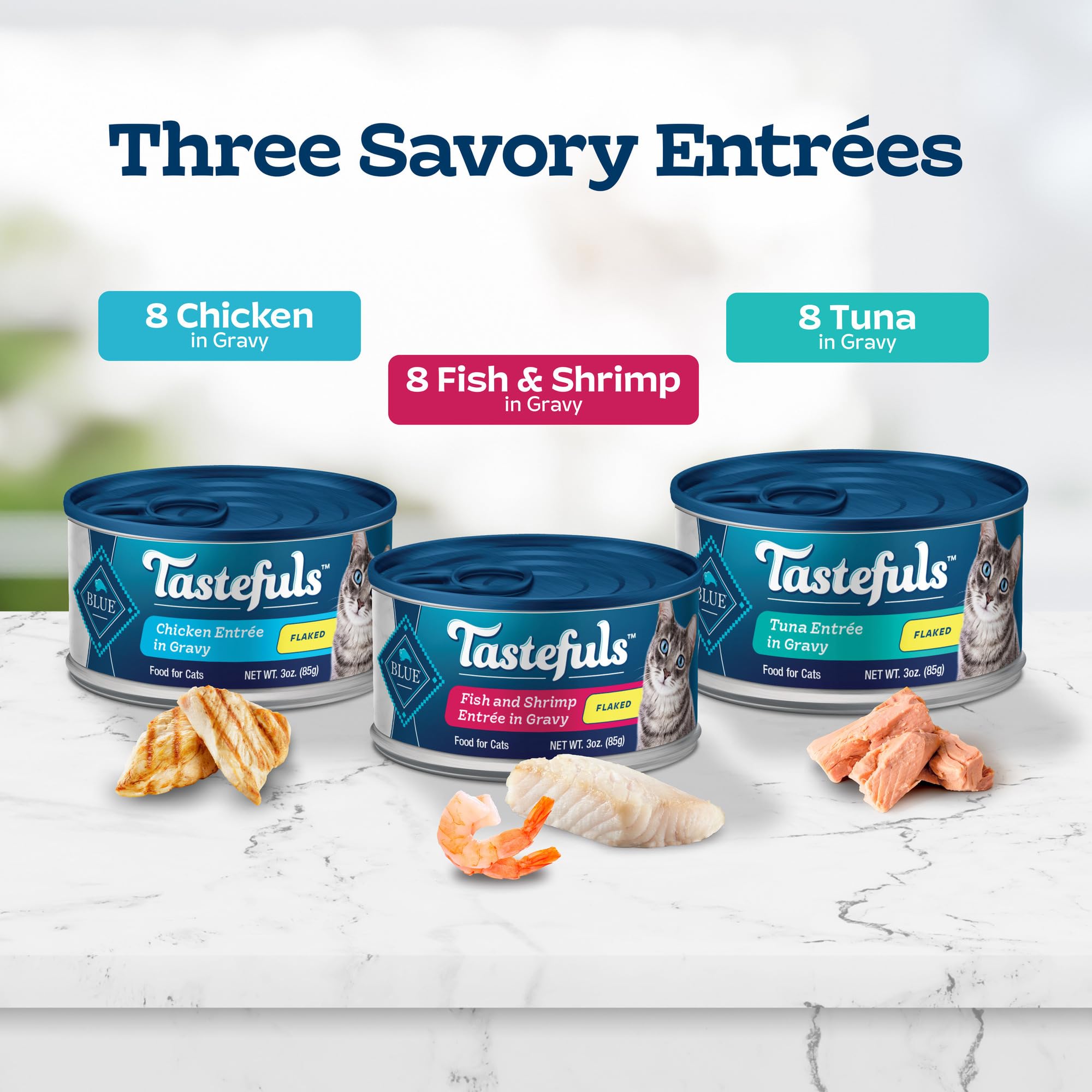 Blue Buffalo Tastefuls fish and shrimp entree can in gravy attract picky eaters.
