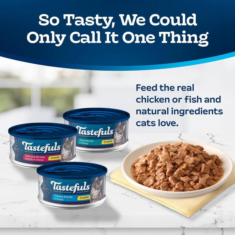 Blue Buffalo Tastefuls fish & shrimp flaked entrée in gravy offers variety and moisture.