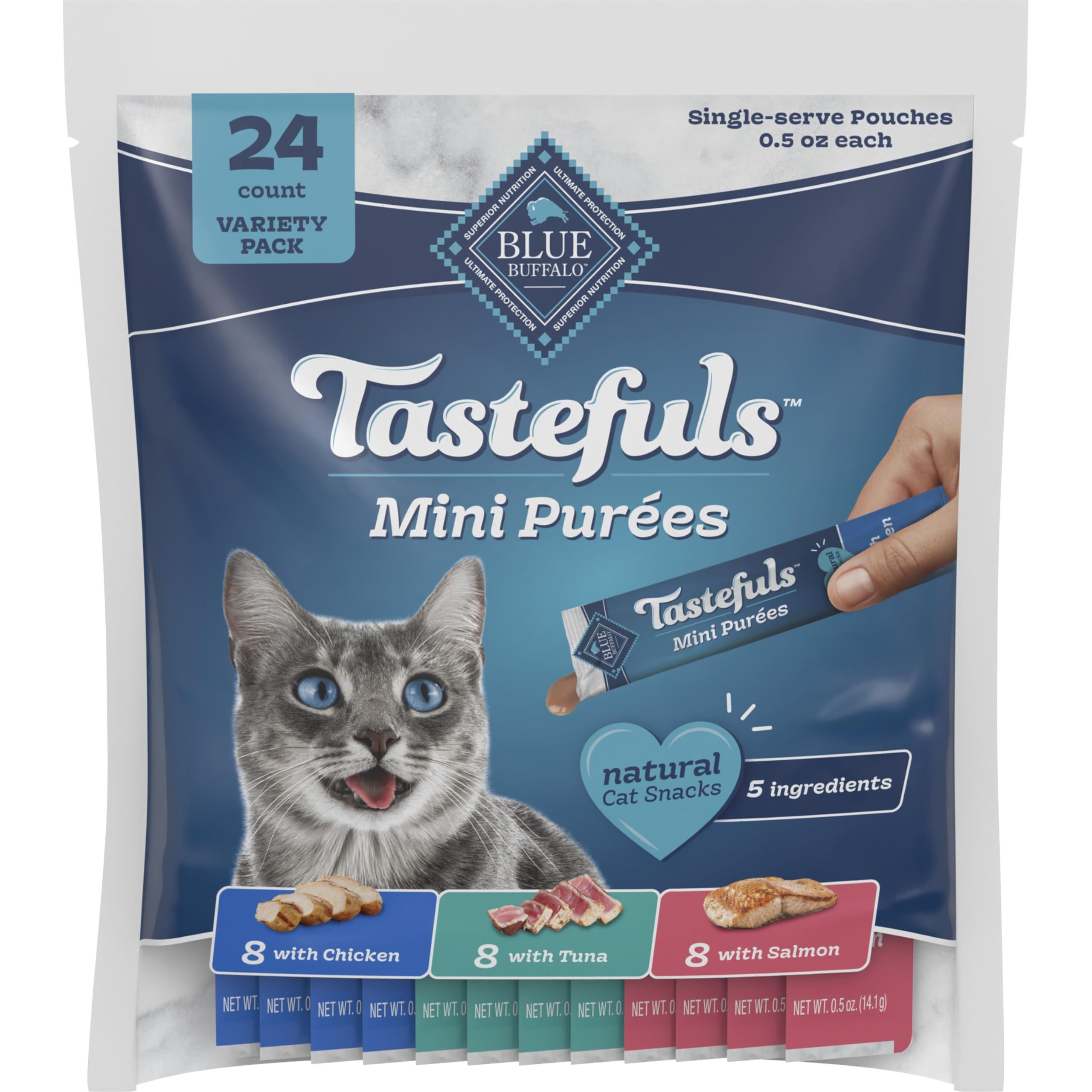 Blue Buffalo Tastefuls Mini Purées chicken pack—perfect portioning for grab-and-go snacking.