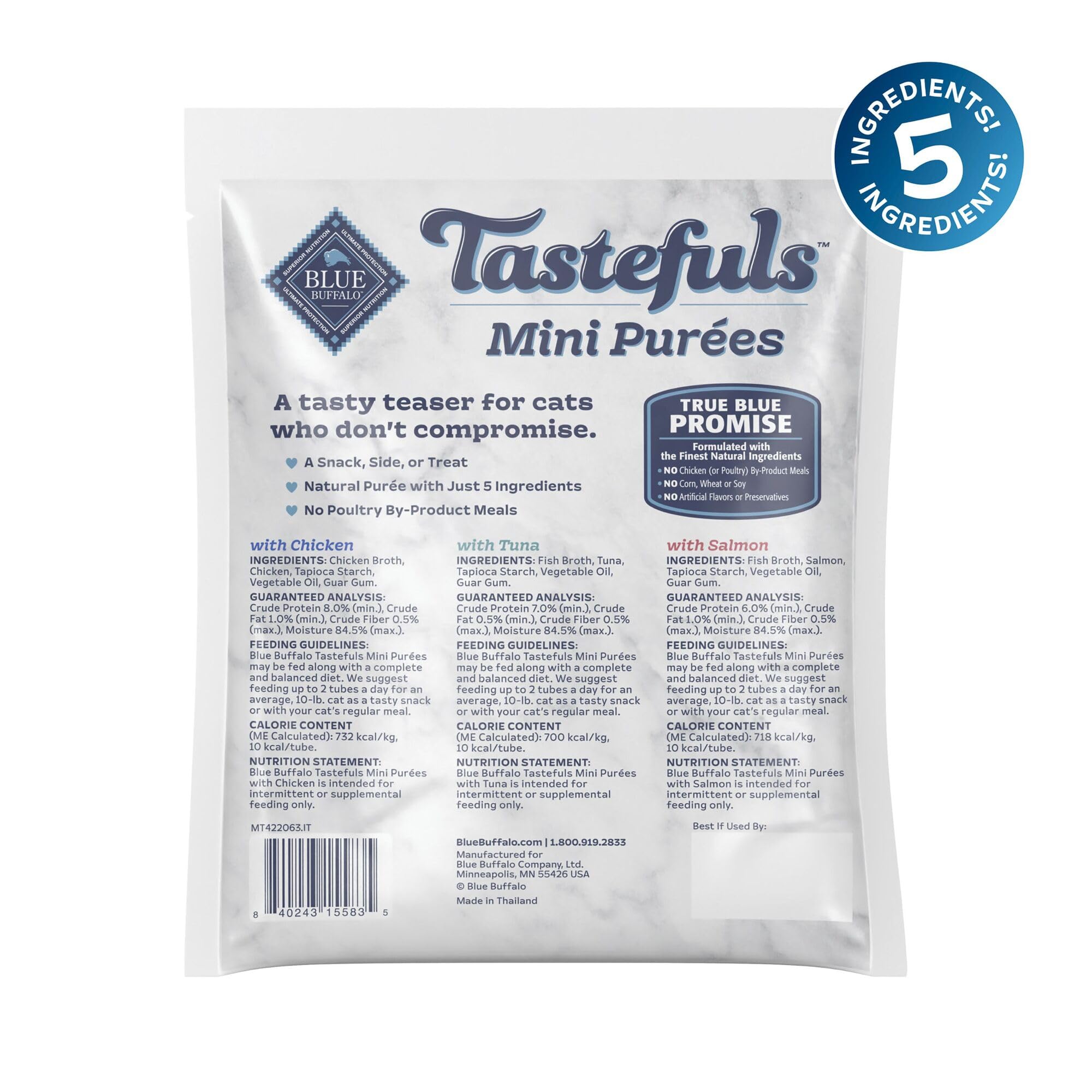 Blue Buffalo Tastefuls Mini Purées chicken tube-open—moist texture for a tasty snack.