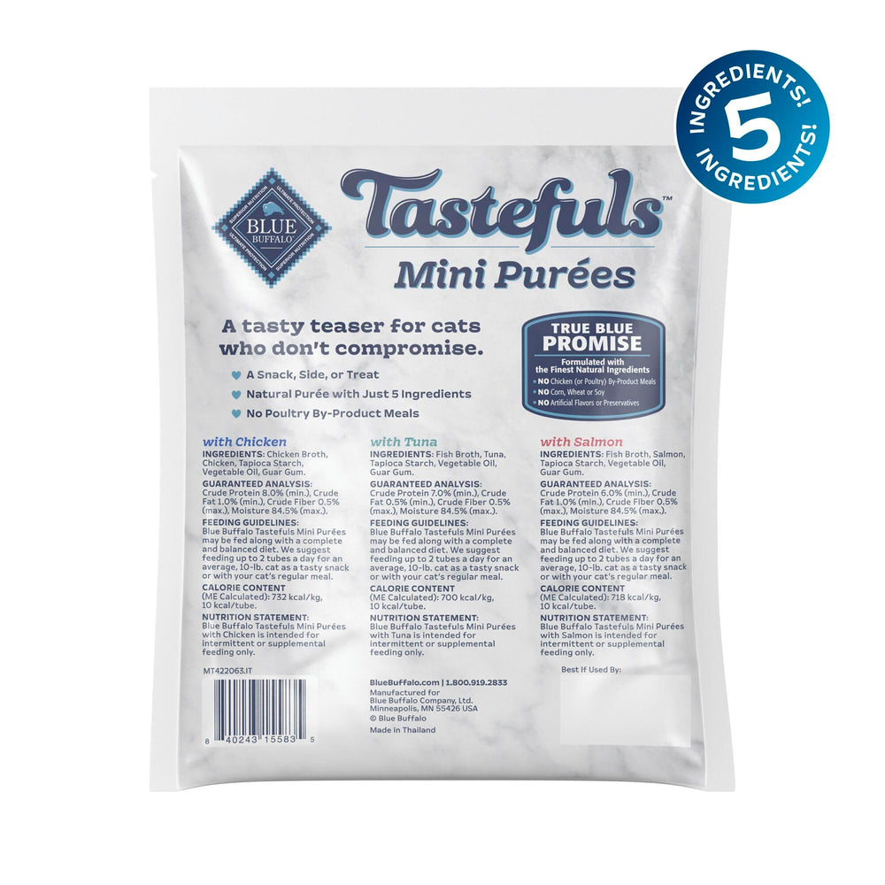 Blue Buffalo Tastefuls Mini Purées chicken tube-open—moist texture for a tasty snack.