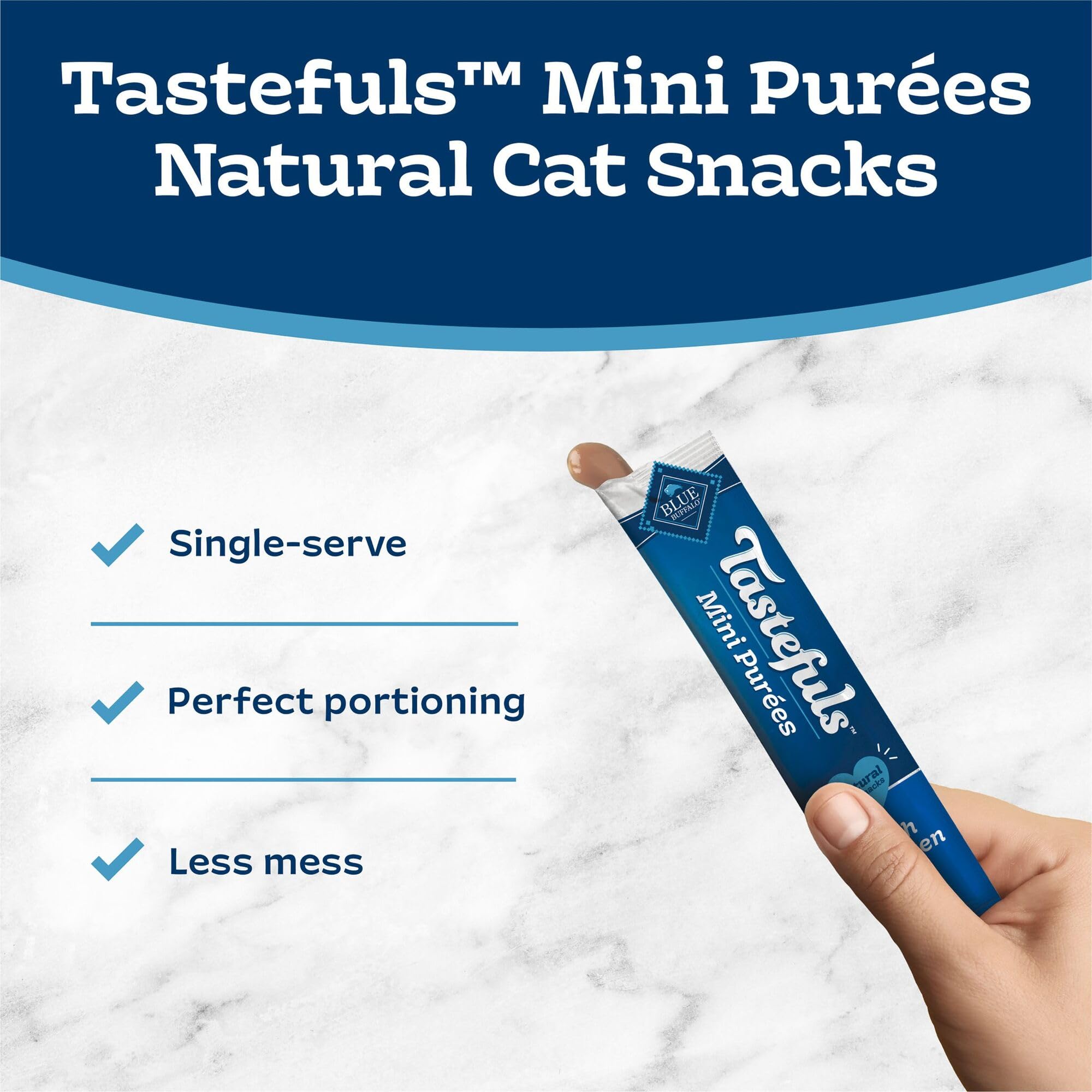 Blue Buffalo Tastefuls Mini Purées salmon pack-shot—flavorful seafood option for cats.