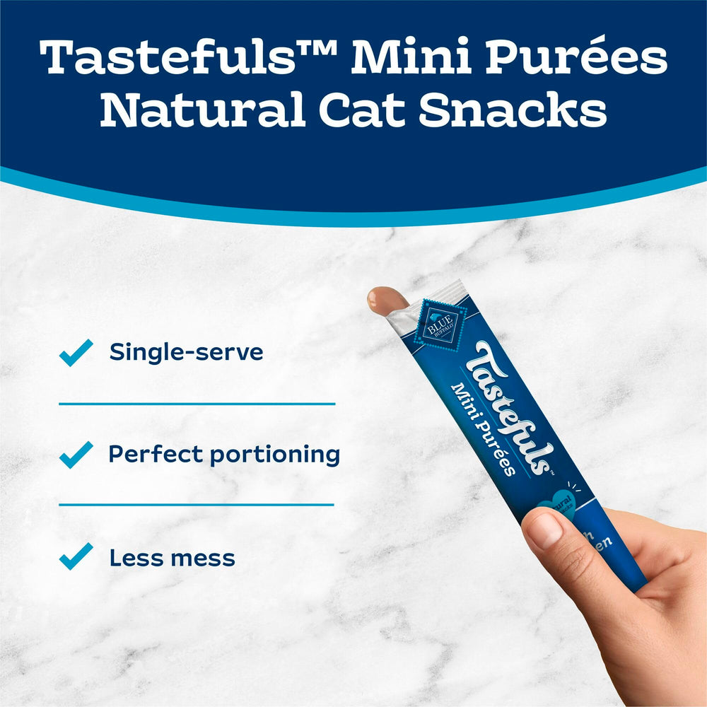 Blue Buffalo Tastefuls Mini Purées salmon pack-shot—flavorful seafood option for cats.