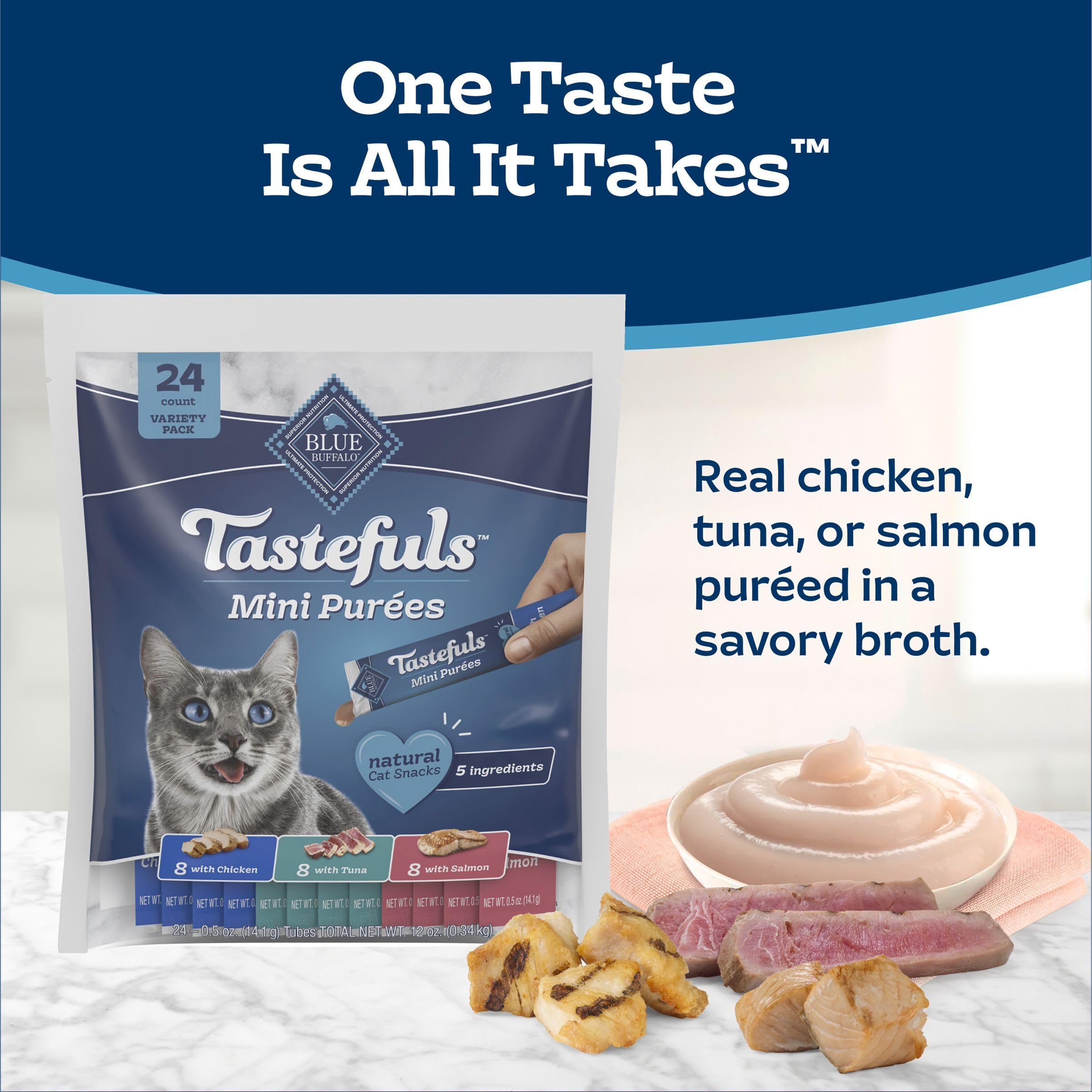 Blue Buffalo Tastefuls Mini Purées tuna pack—great option for quick hydration and flavor.