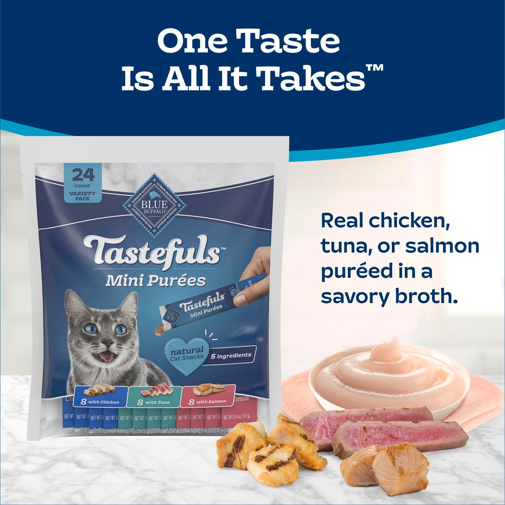 Blue Buffalo Tastefuls Mini Purées tuna pack—great option for quick hydration and flavor.