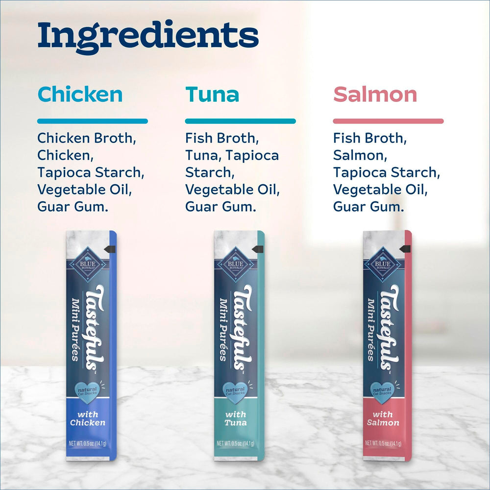 Blue Buffalo Tastefuls Mini Purés tuna tube-open—silky texture for a treat.