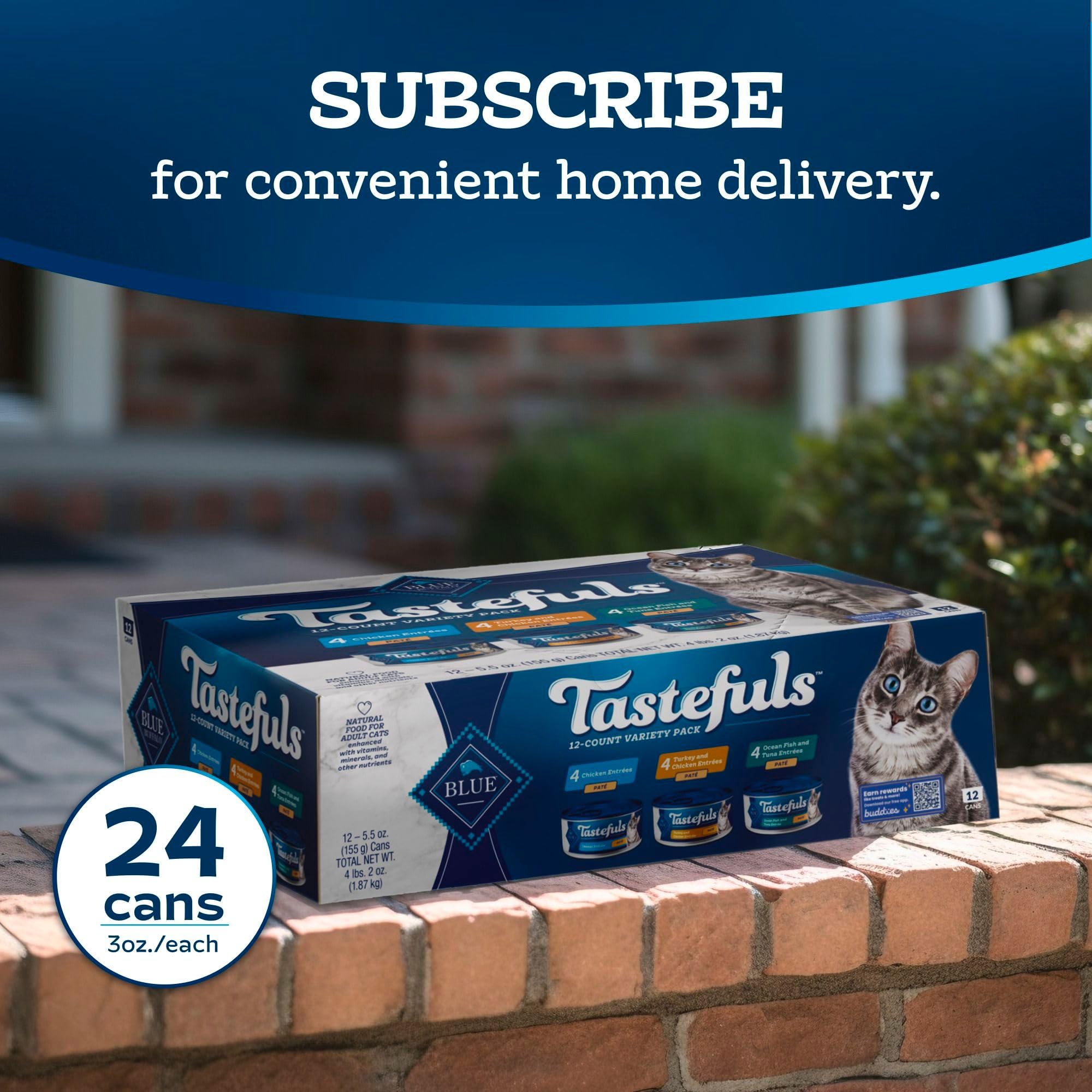 Blue Buffalo Tastefuls no corn wheat soy label highlights wholesome nutrition