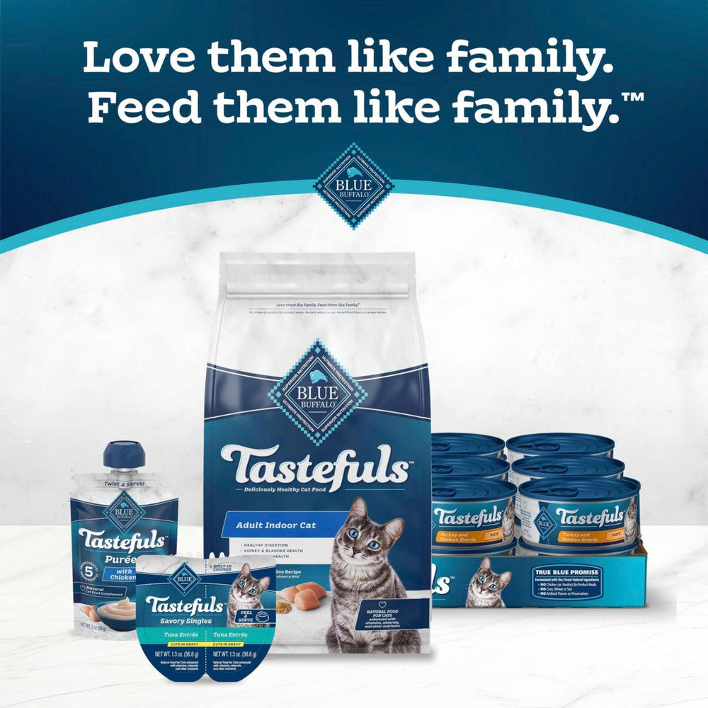Blue Buffalo Tastefuls packaging highlights ingredients and benefits.