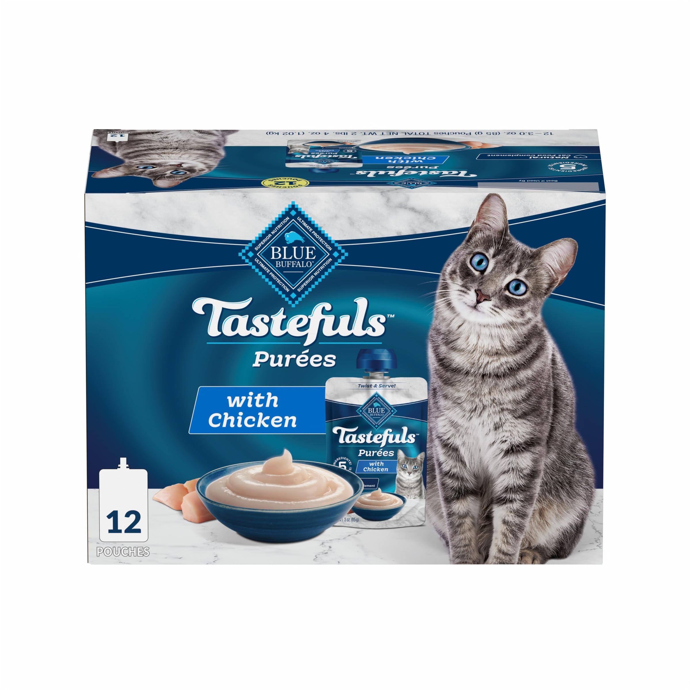 Blue Buffalo Tastefuls Purées chicken pouch open for easy portioning and serving.