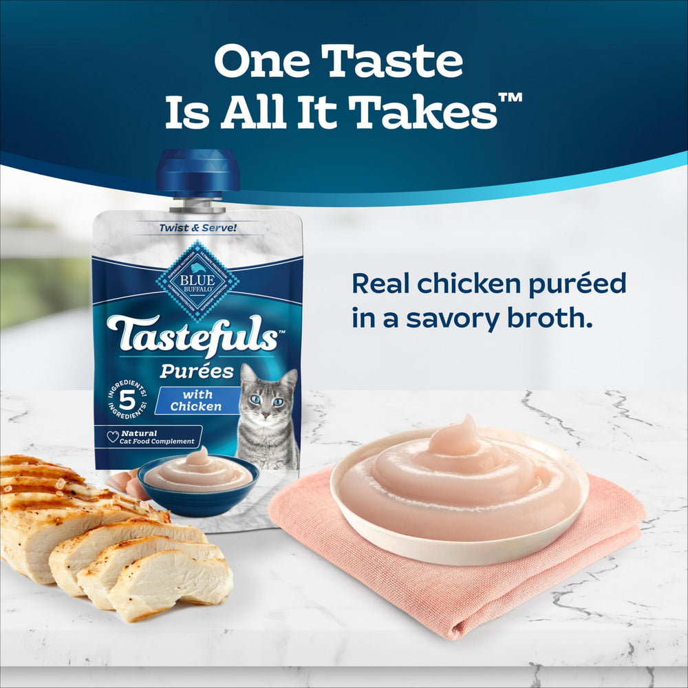 Blue Buffalo Tastefuls Purées served as a topper on cat food for flavor boost.