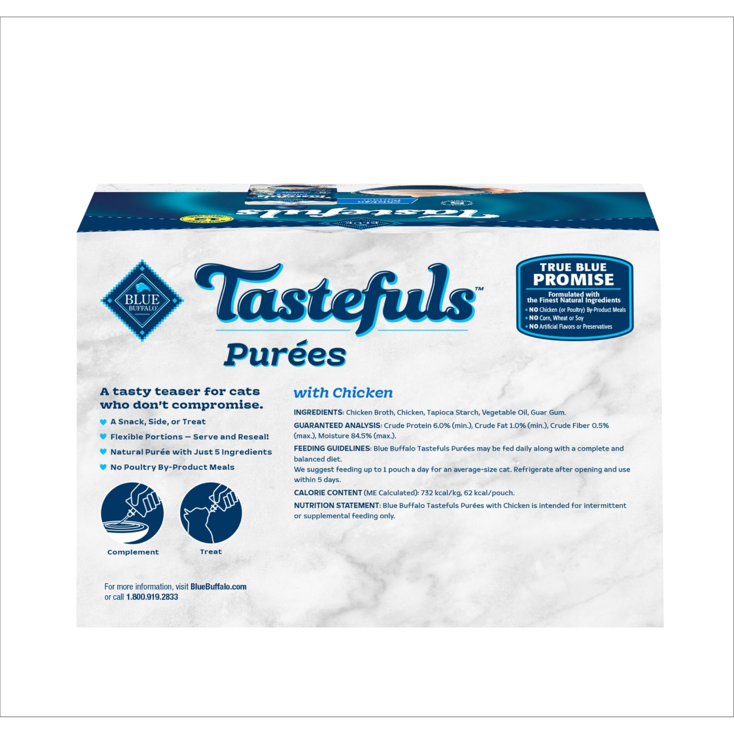 Blue Buffalo Tastefuls Purées twist-cap seals for quick resealing and freshness.