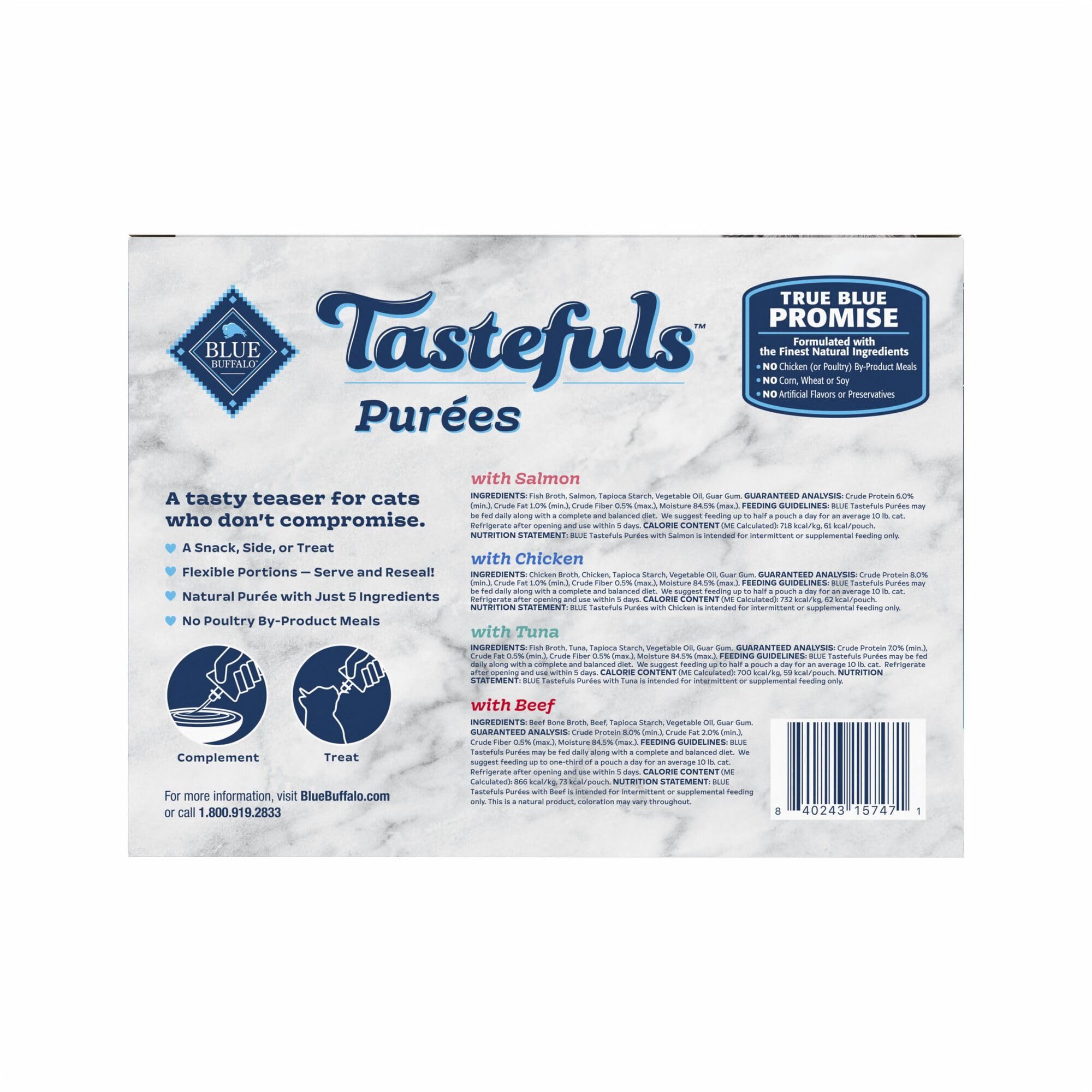 Blue Buffalo Tastefuls Purees chicken flavor serves as a tasty topper.