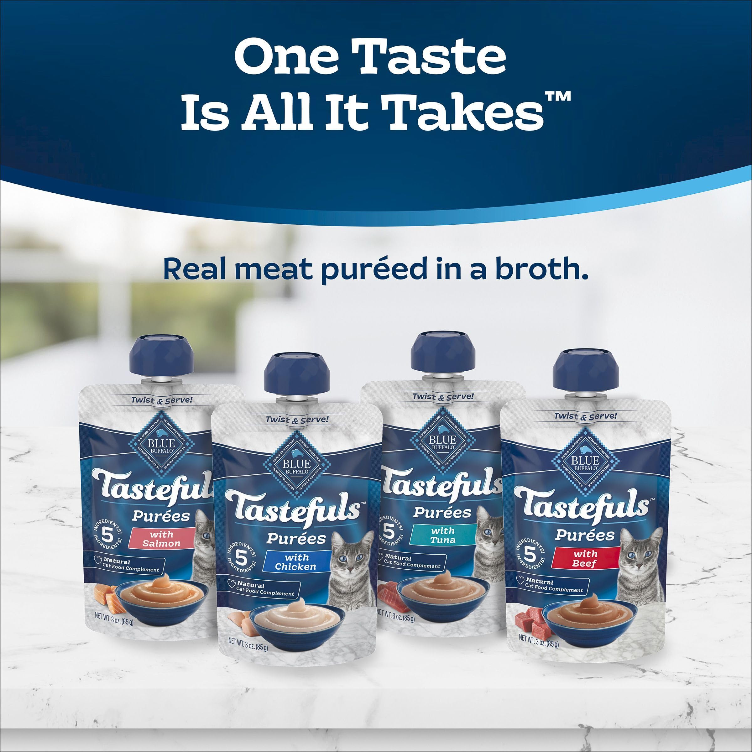 Blue Buffalo Tastefuls Purees tuna flavor offers moisture-rich snack.