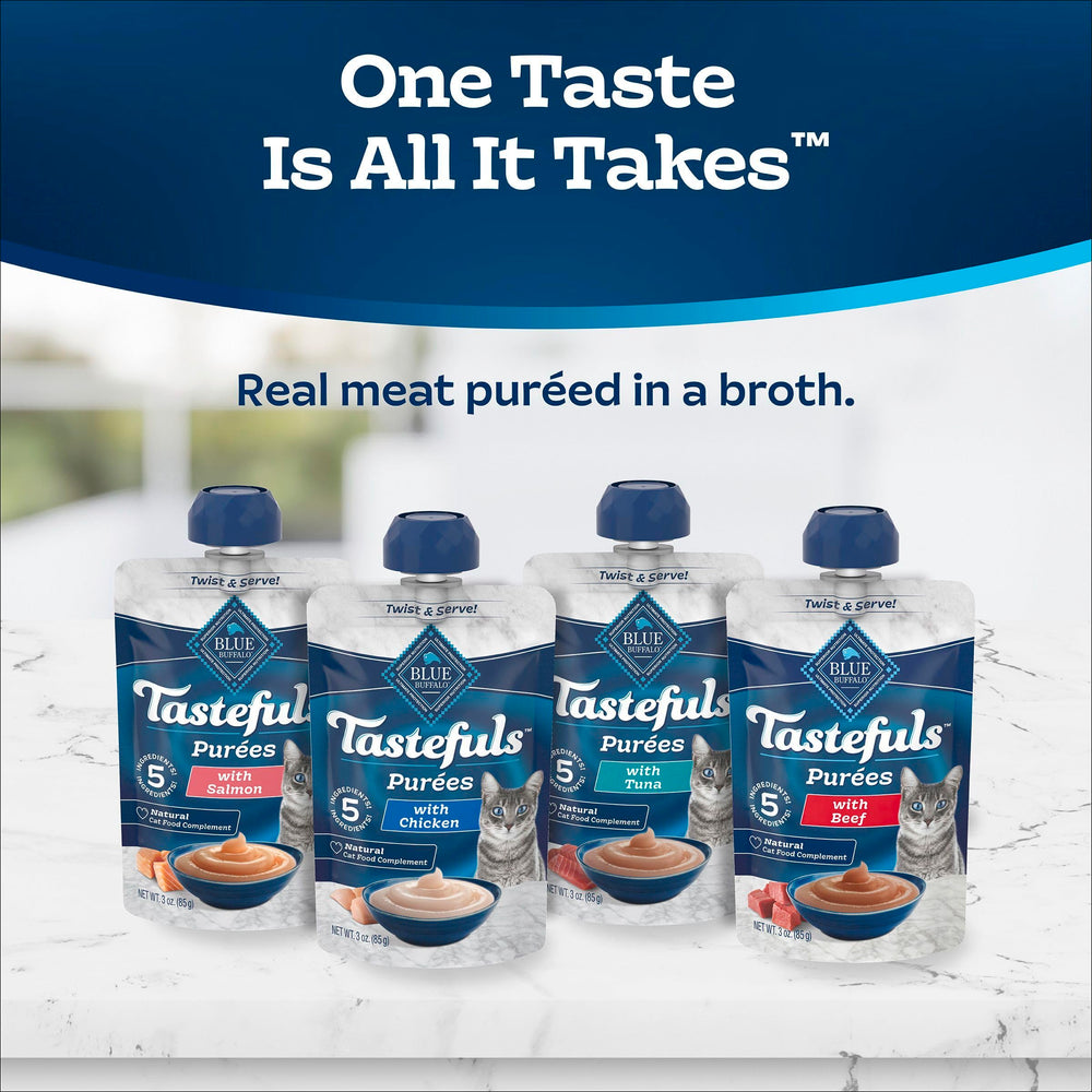 Blue Buffalo Tastefuls Purees tuna flavor offers moisture-rich snack.