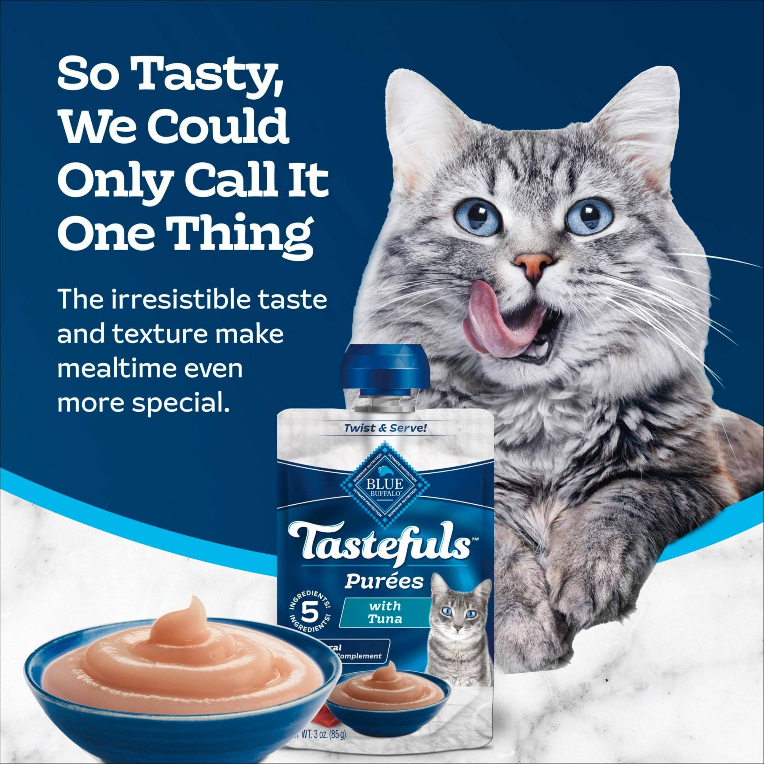 Blue Buffalo Tastefuls Purées with Tuna contains five simple ingredients and no fillers