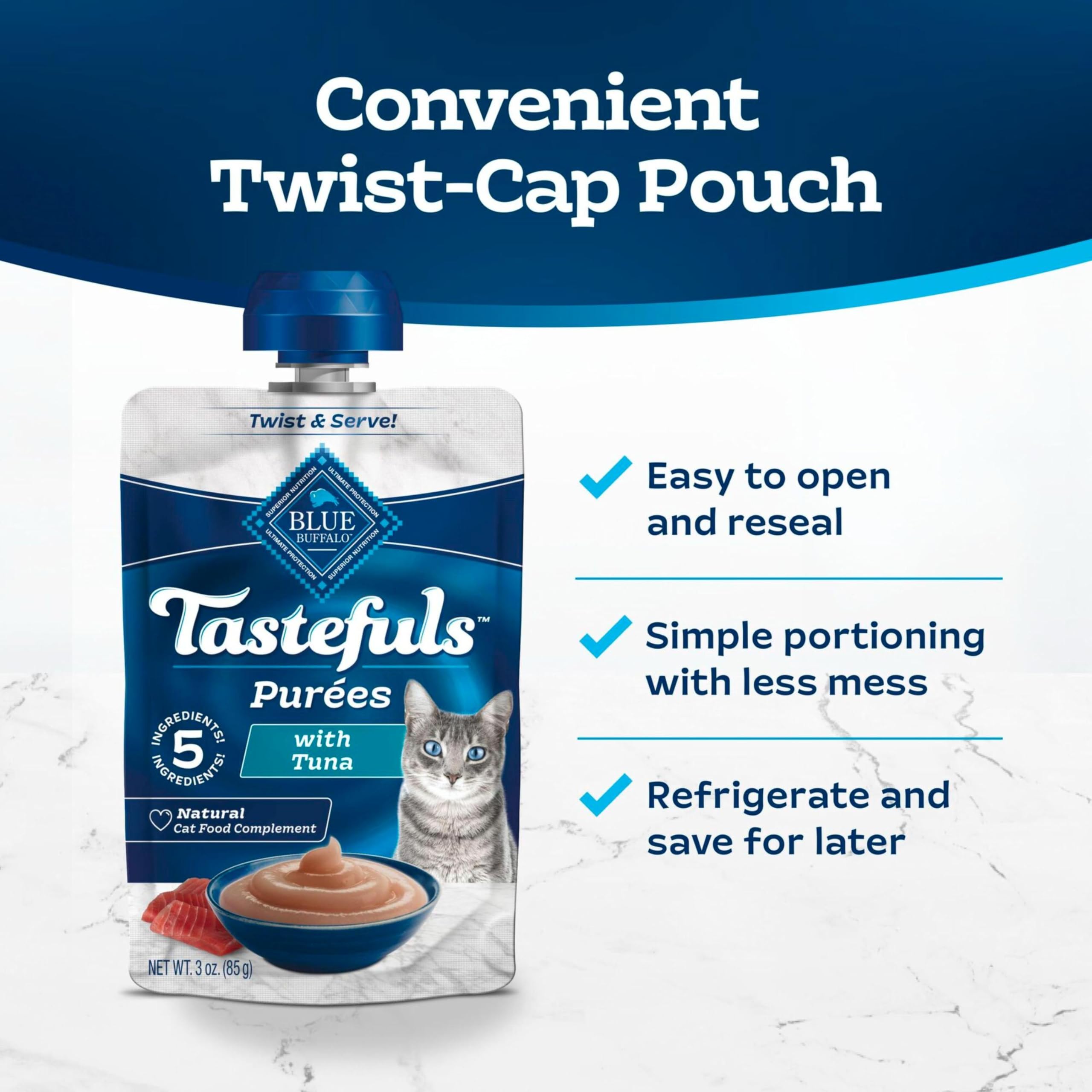 Blue Buffalo Tastefuls Purées with Tuna packaging keeps freshness intact