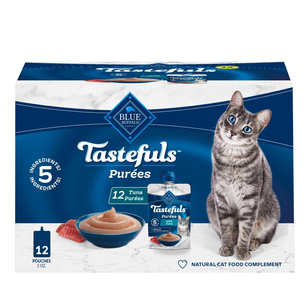 Blue Buffalo Tastefuls Purées with Tuna in a twist-cap pouch, ideal as a tasty topper