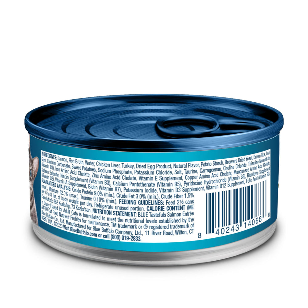 Blue Buffalo Tastefuls salmon in gravy can highlighting savory texture for picky eaters.