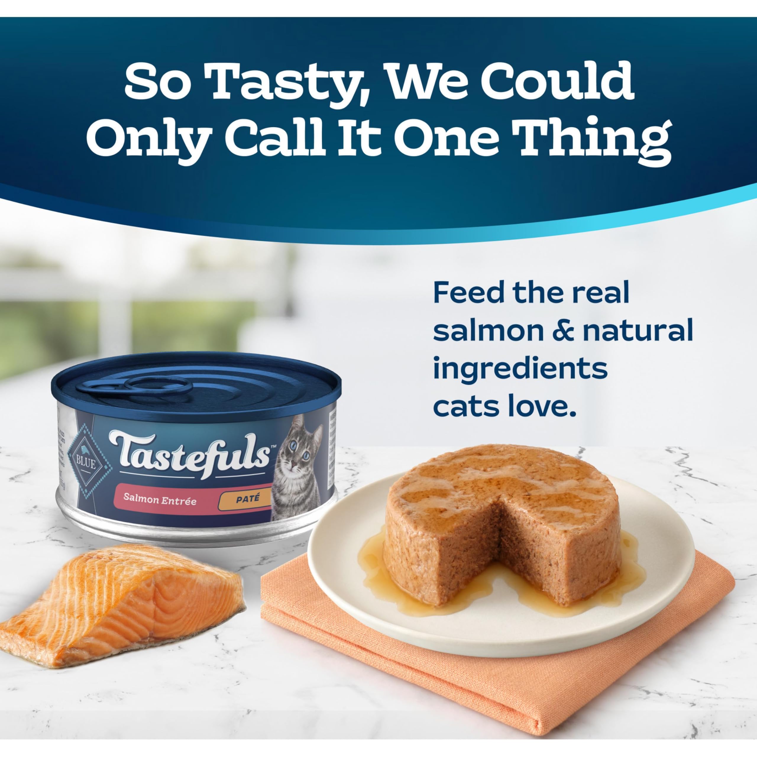 Blue Buffalo Tastefuls Salmon Pate can close-up with smooth texture.