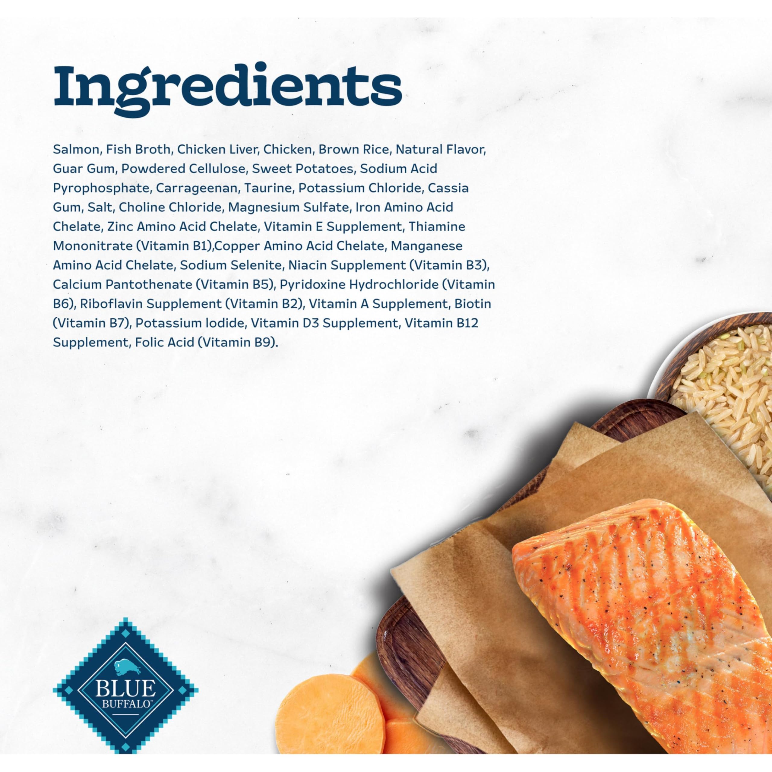 Blue Buffalo Tastefuls Salmon Pate close-up reveals rich salmon slices.