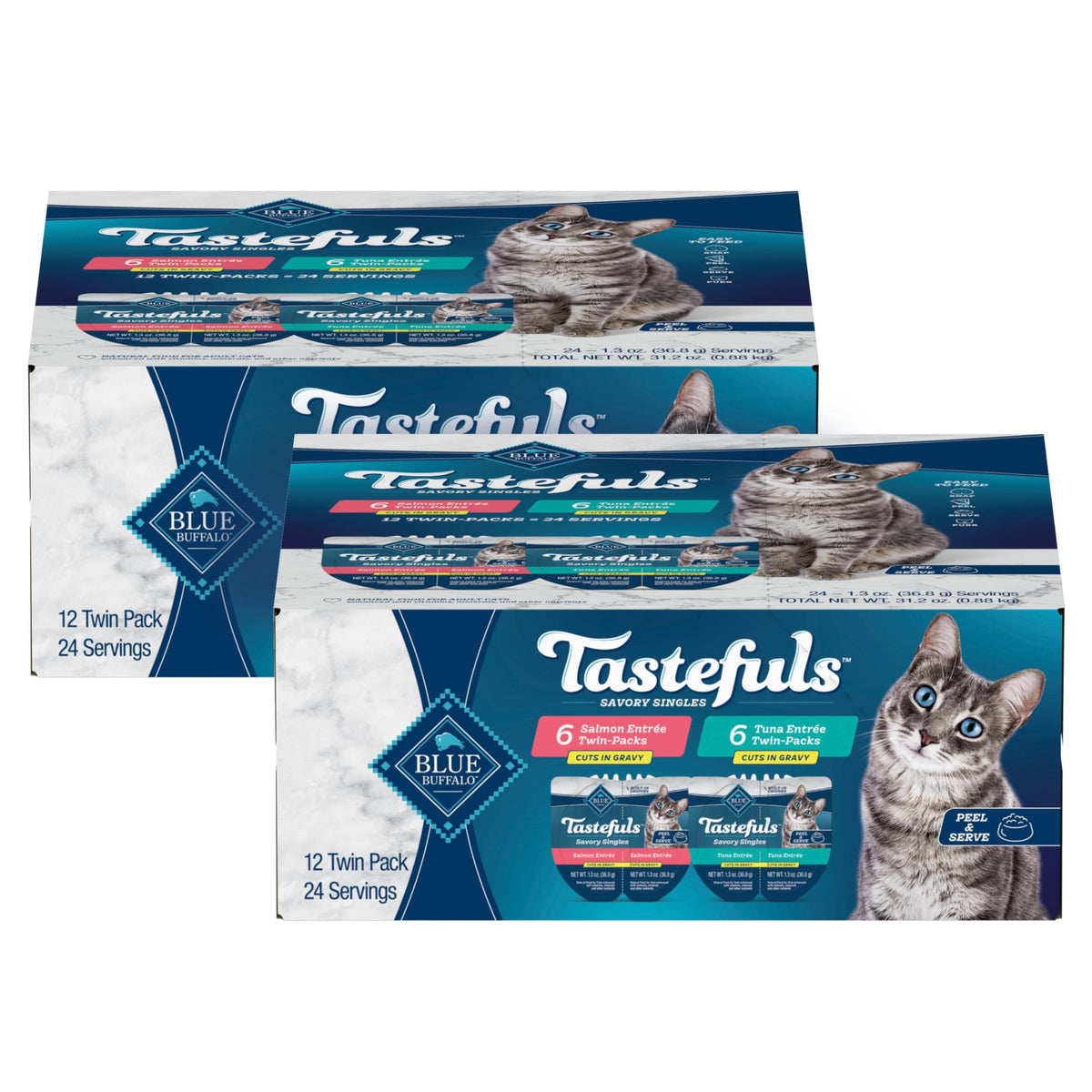 Blue Buffalo Tastefuls Salmon tray in gravy for cats, high-moisture protein-first meal.