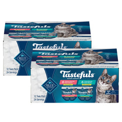 Blue Buffalo Tastefuls Salmon tray in gravy for cats, high-moisture protein-first meal.