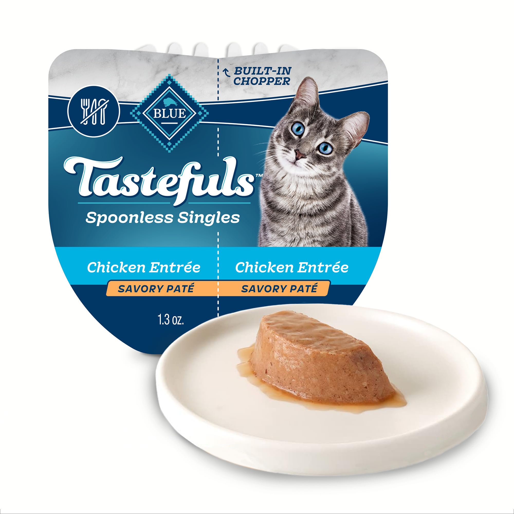 Blue Buffalo Tastefuls Spoonless Singles paté chicken tray close-up showing real chicken first ingredient