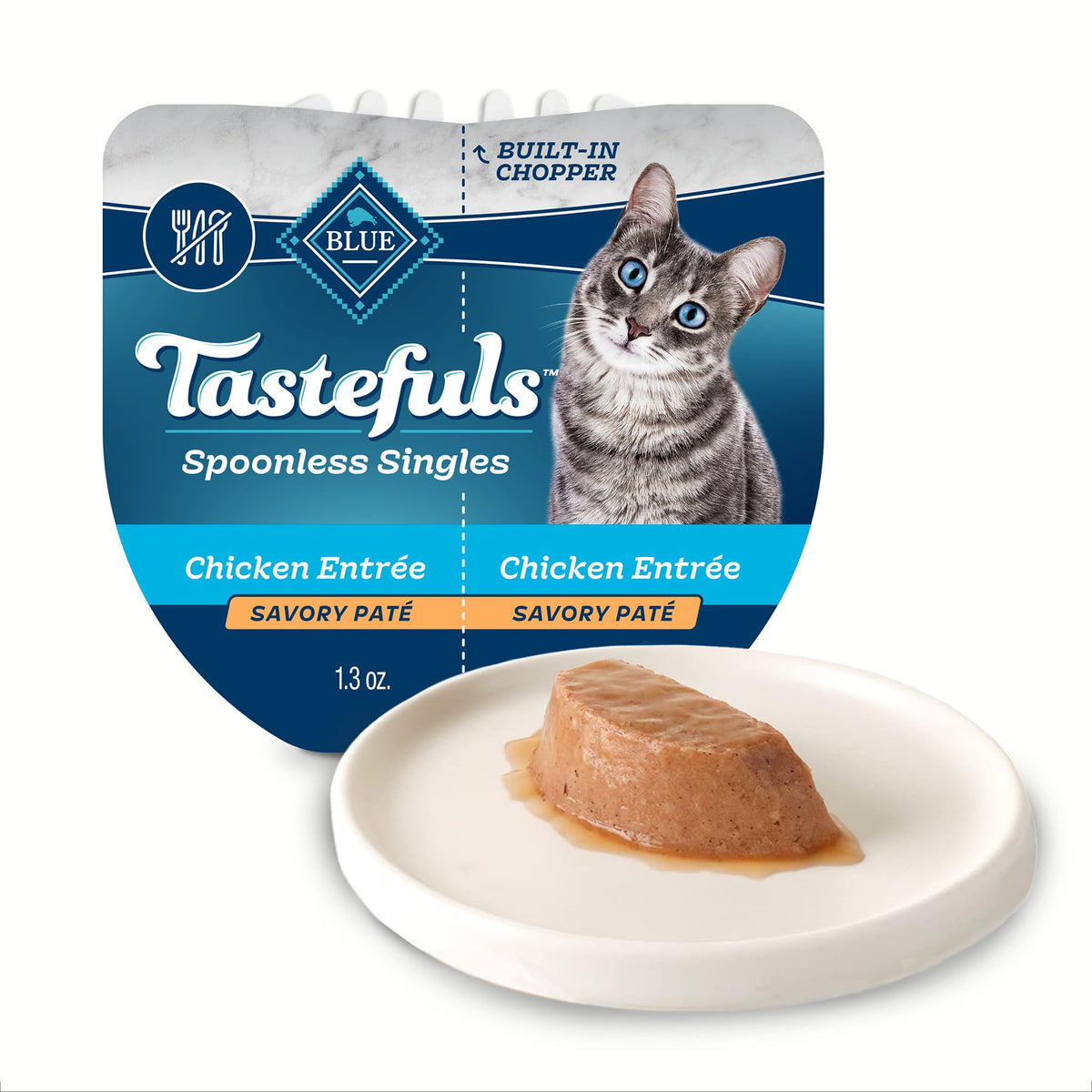 Blue Buffalo Tastefuls Spoonless Singles paté chicken tray close-up showing real chicken first ingredient