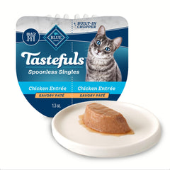 Blue Buffalo Tastefuls Spoonless Singles paté chicken tray close-up showing real chicken first ingredient