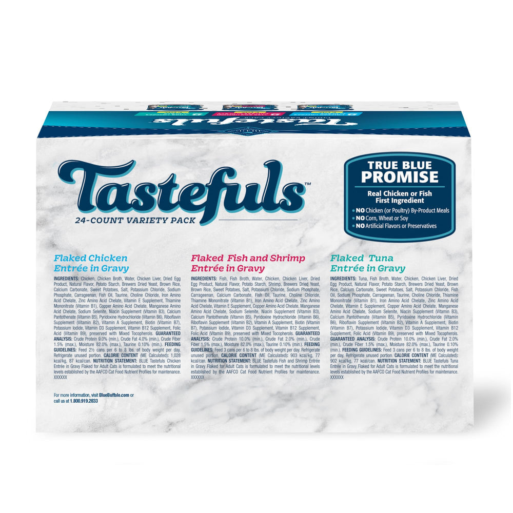 Blue Buffalo Tastefuls tuna entree can in gravy shown for flavor appeal.