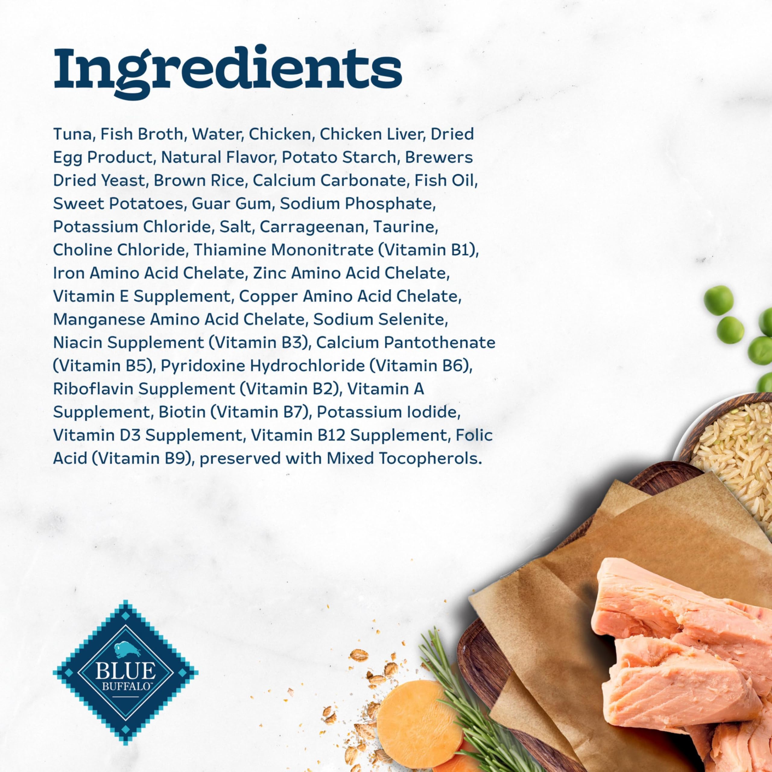 Blue Buffalo Tastefuls tuna wet cat food can label visible with nutrition info.