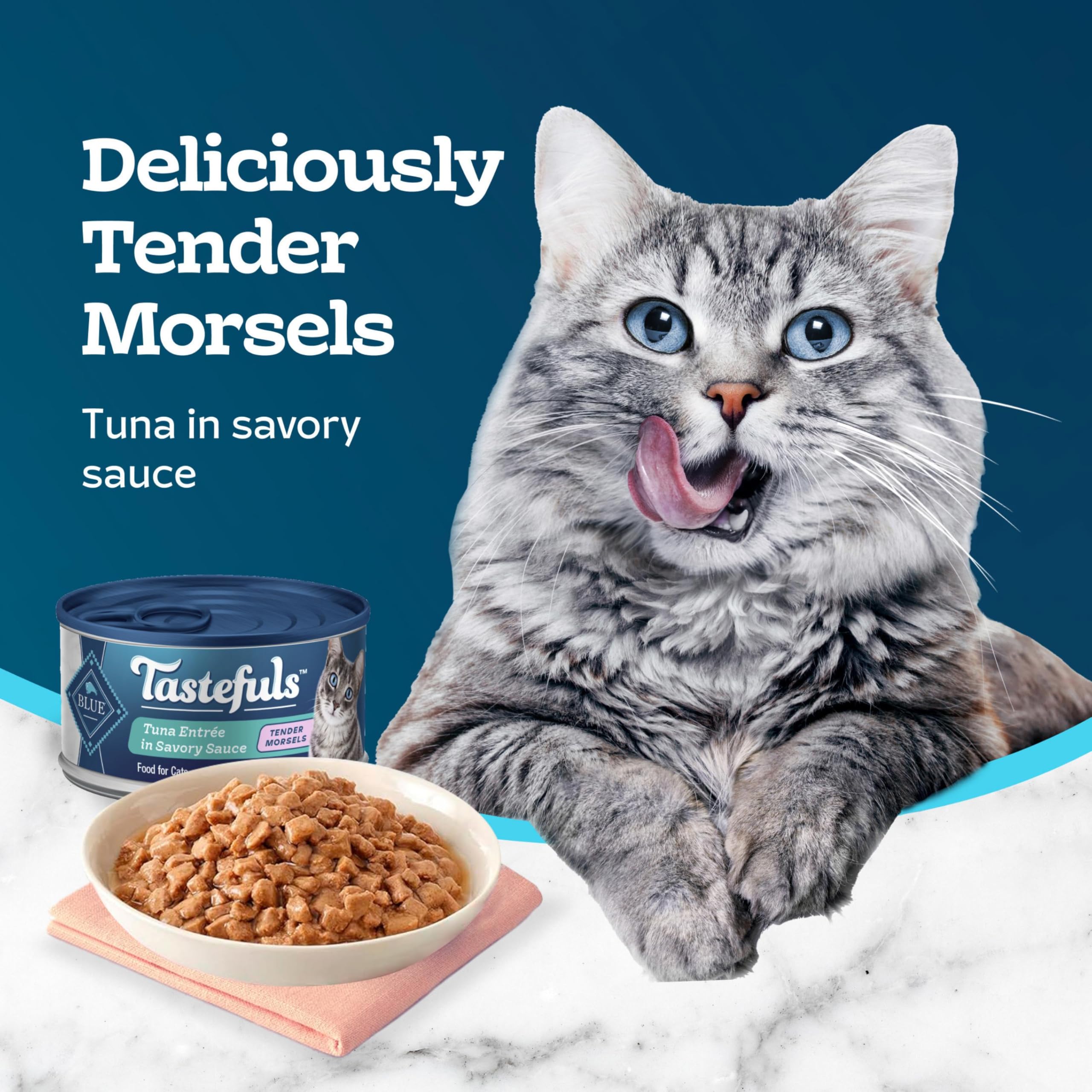 Blue Buffalo Tastefuls tuna morsels texture close-up reveals juicy bite sizes.