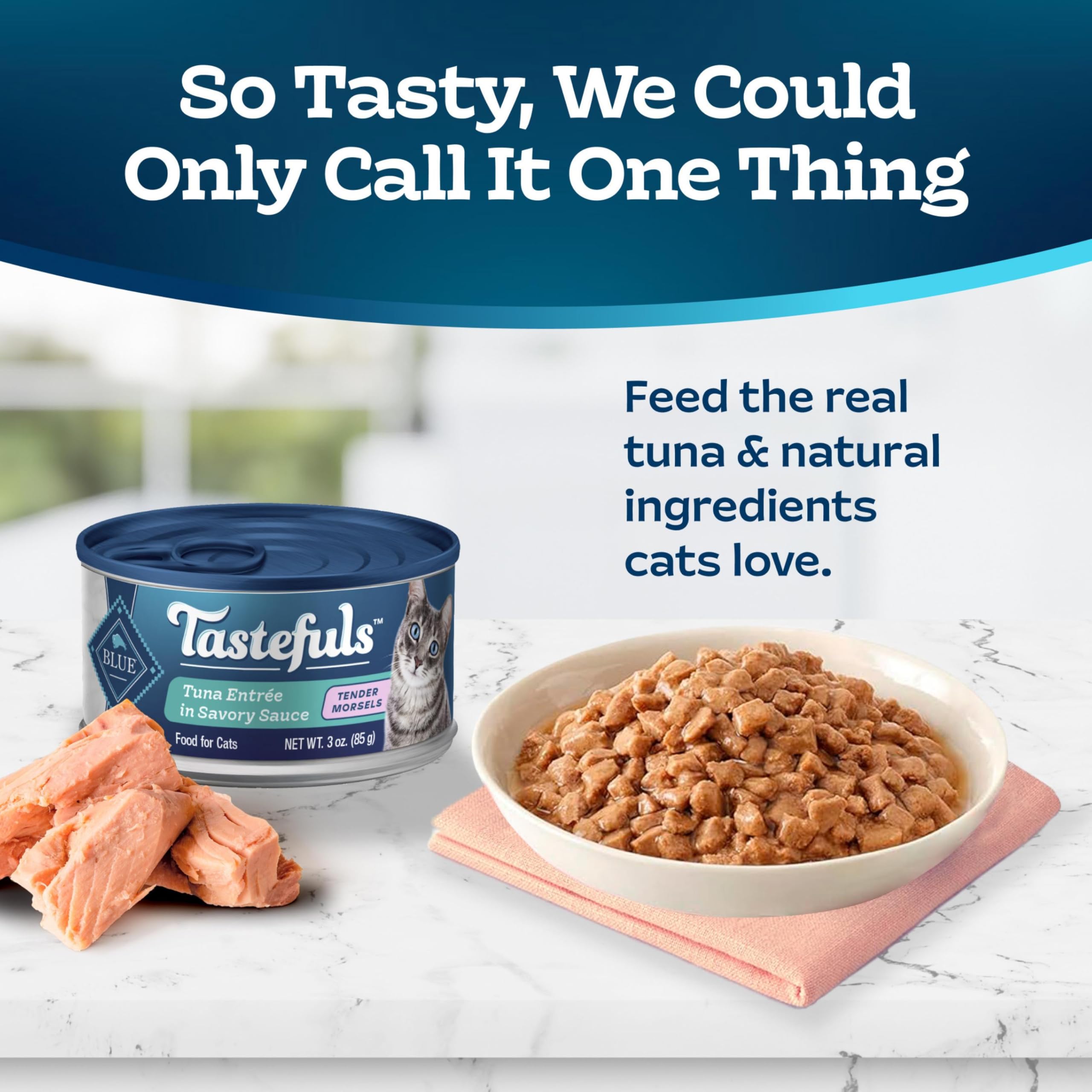 Blue Buffalo Tastefuls tuna serving bowl ready for a hydrating, flavorful meal.