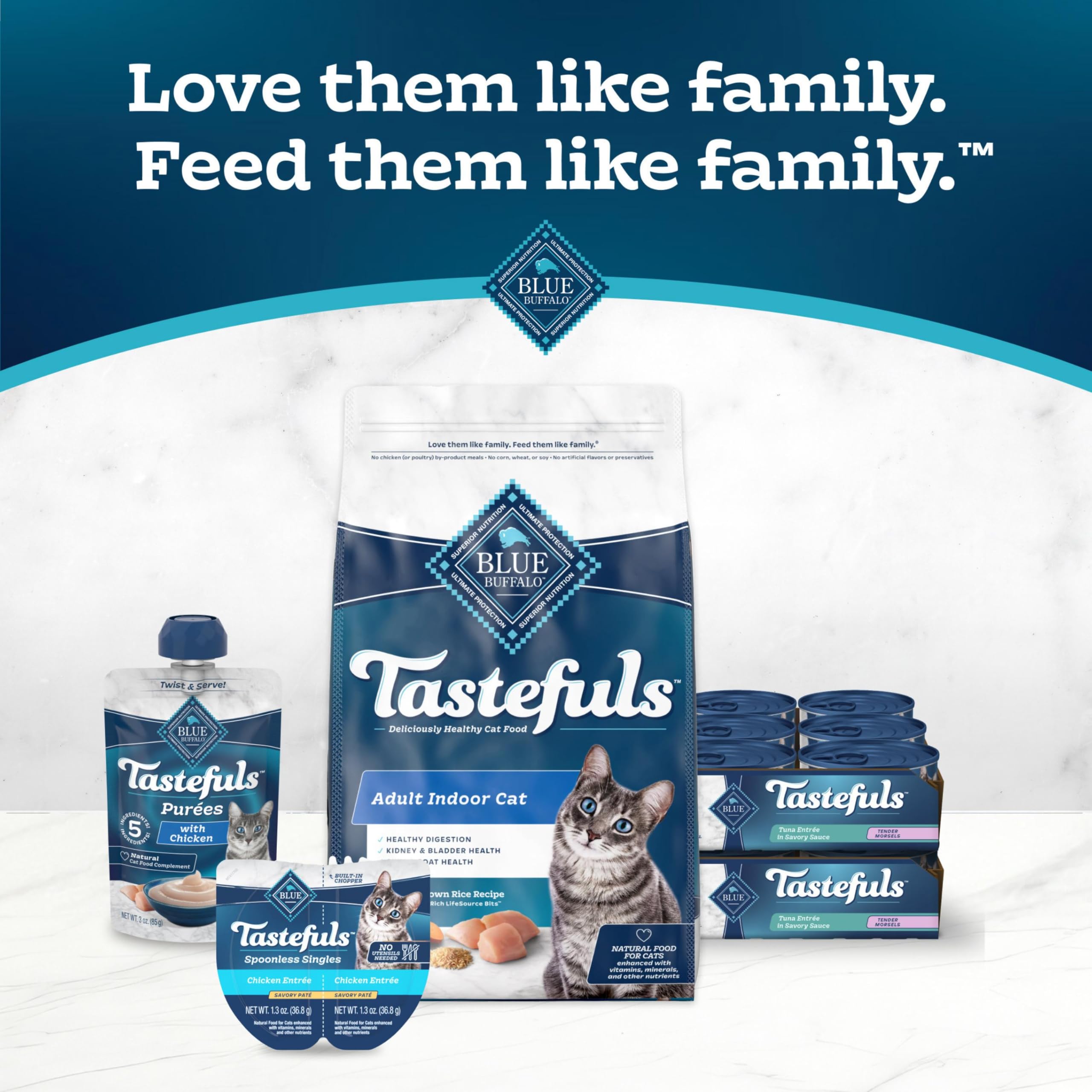 Blue Buffalo Tastefuls tuna dish moment captures a cat enjoying morsels.