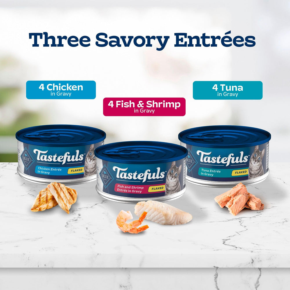 Blue Buffalo Tastefuls natural canned cat food 12-can variety pack supports balanced meals.