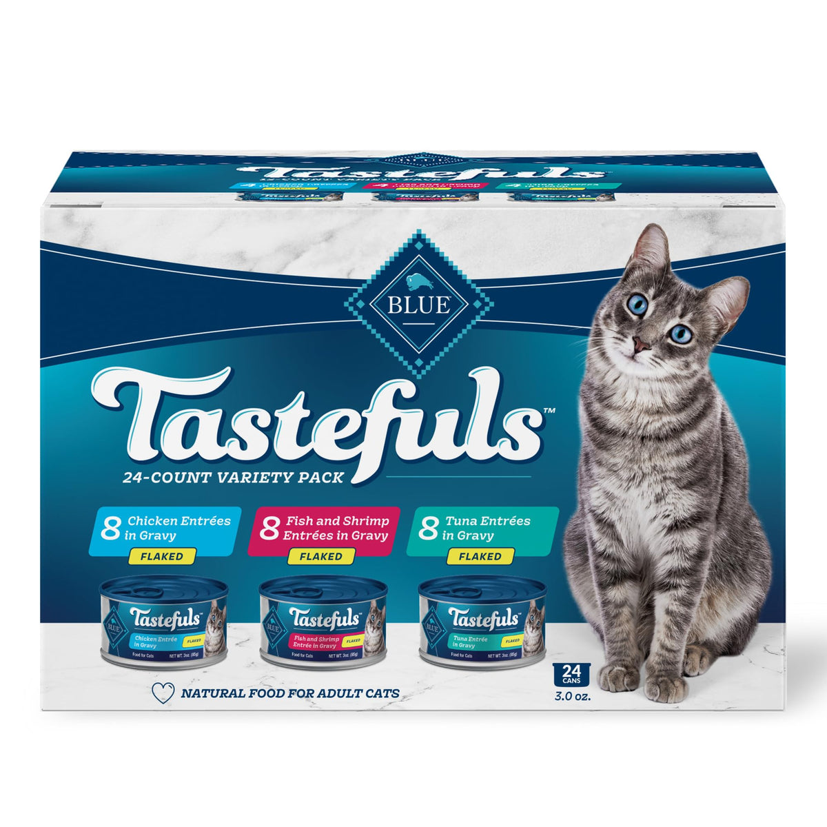 Blue Buffalo Tastefuls variety pack box with tuna, chicken and fish & shrimp entrées in gravy.