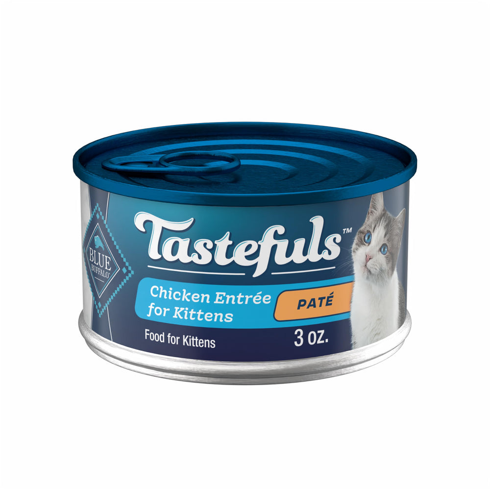 Blue Buffalo Tastefuls kitten pate can showing real chicken first ingredient.