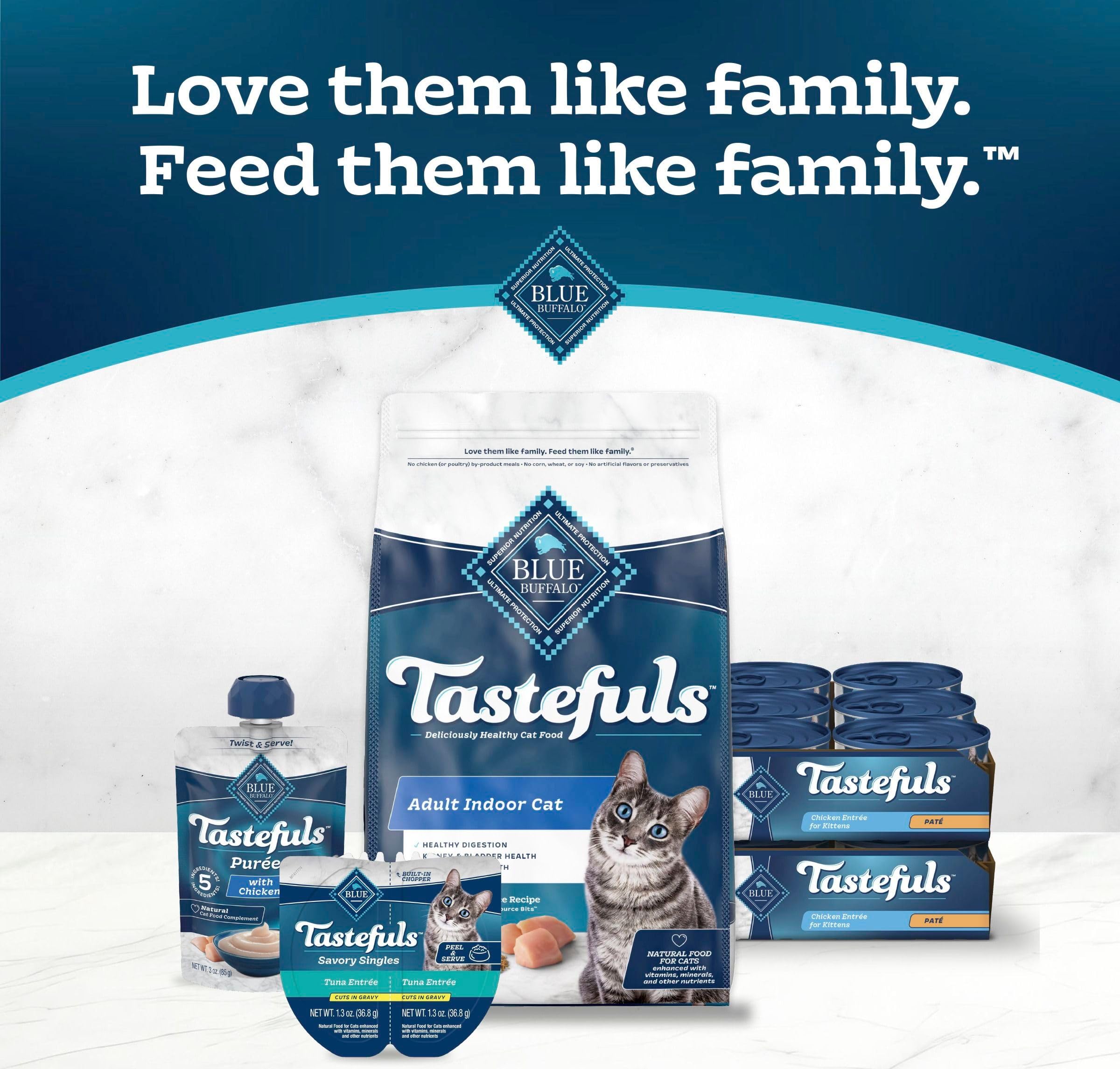 Blue Buffalo Tastefuls kitten pate variety pack shows multiple cans.