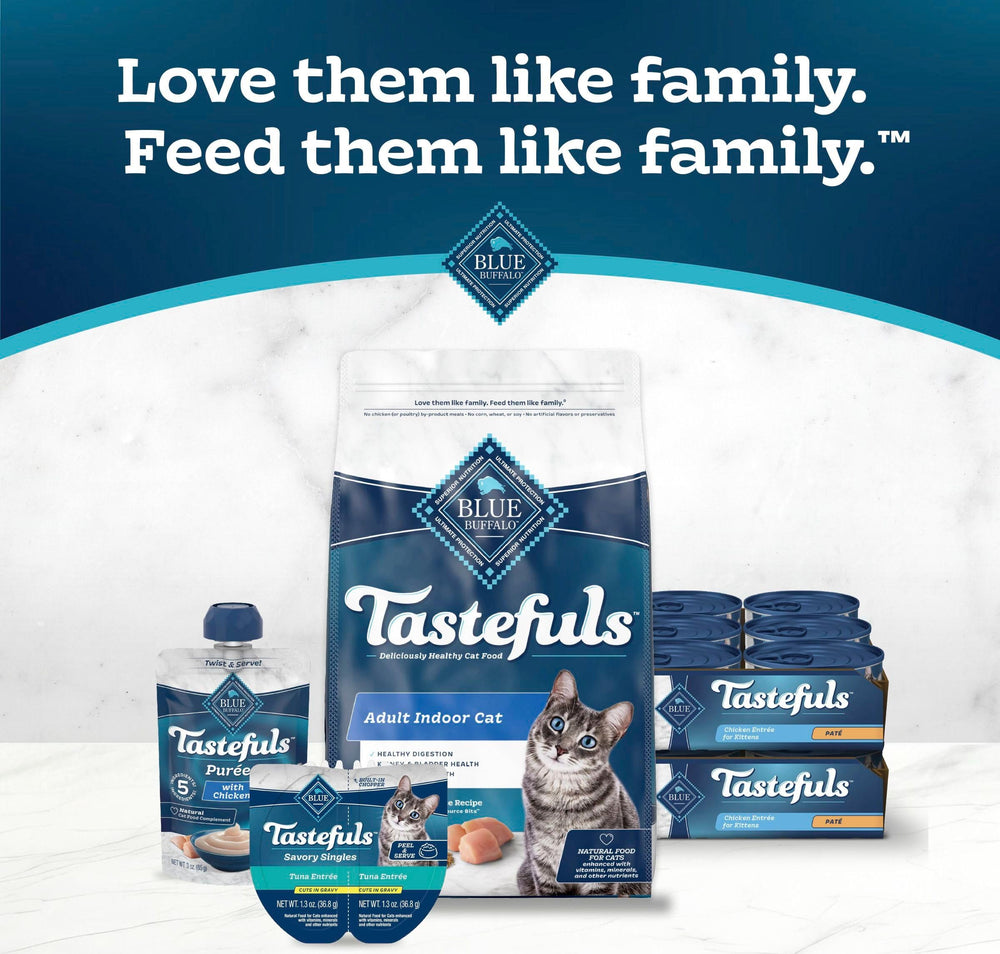 Blue Buffalo Tastefuls kitten pate variety pack shows multiple cans.