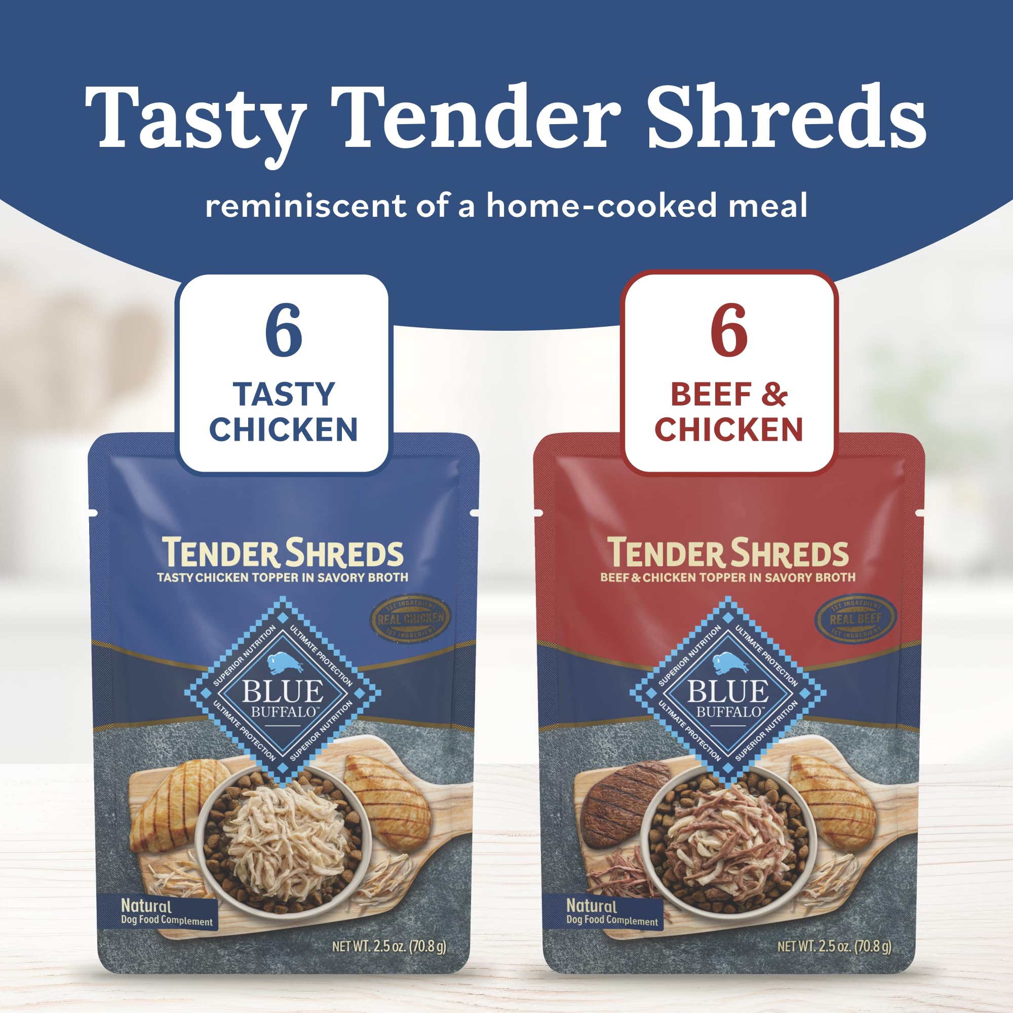 Blue Buffalo Tender Shreds Beef & Chicken Topper pouch adds protein and savor to bowls