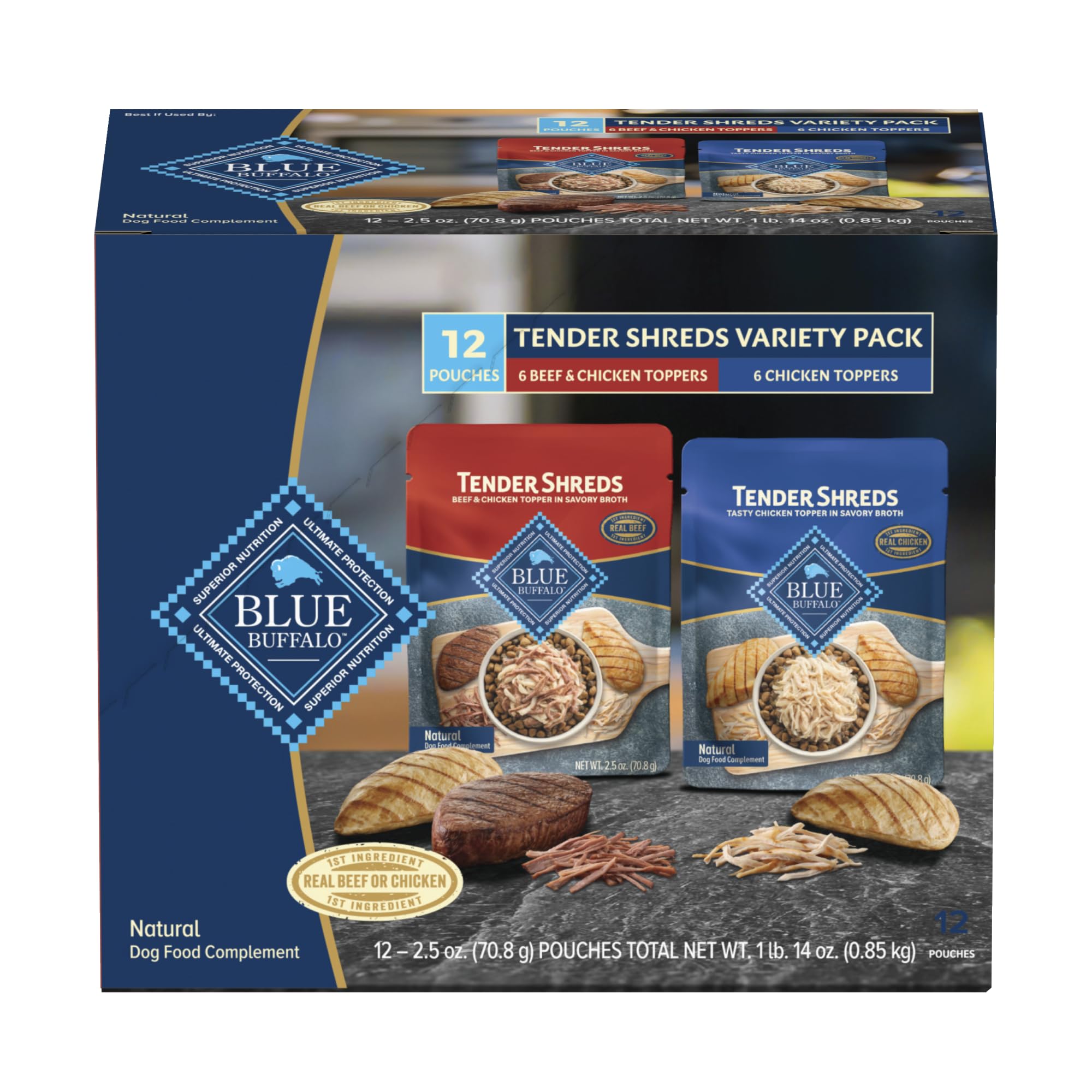 Blue Buffalo Tender Shreds Tasty Chicken Topper pouch enhances dry meals with savory moisture