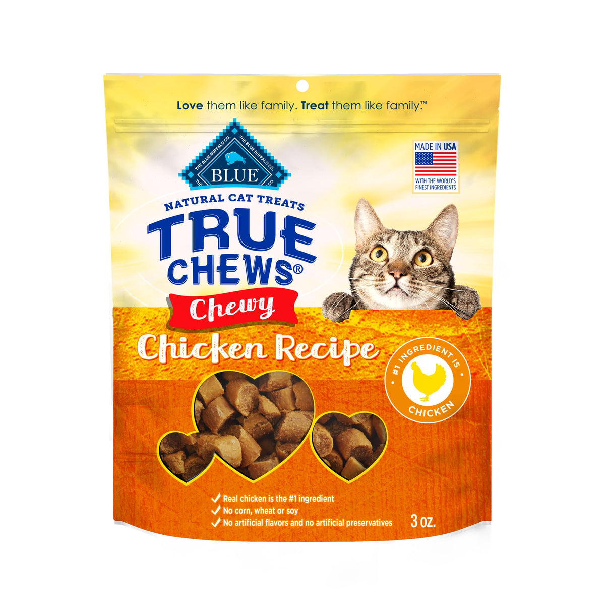 Blue Buffalo True Chews cat treats bag showing rich chicken flavor for daily rewards.
