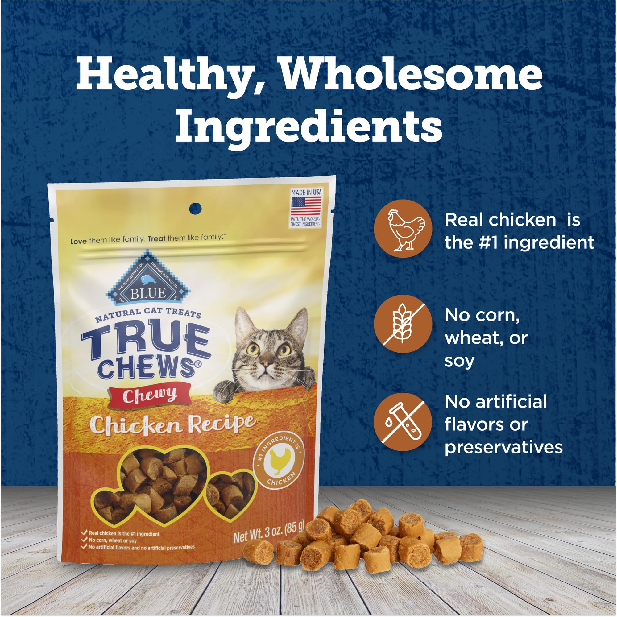 Blue Buffalo True Chews no corn wheat or soy, clean ingredients.