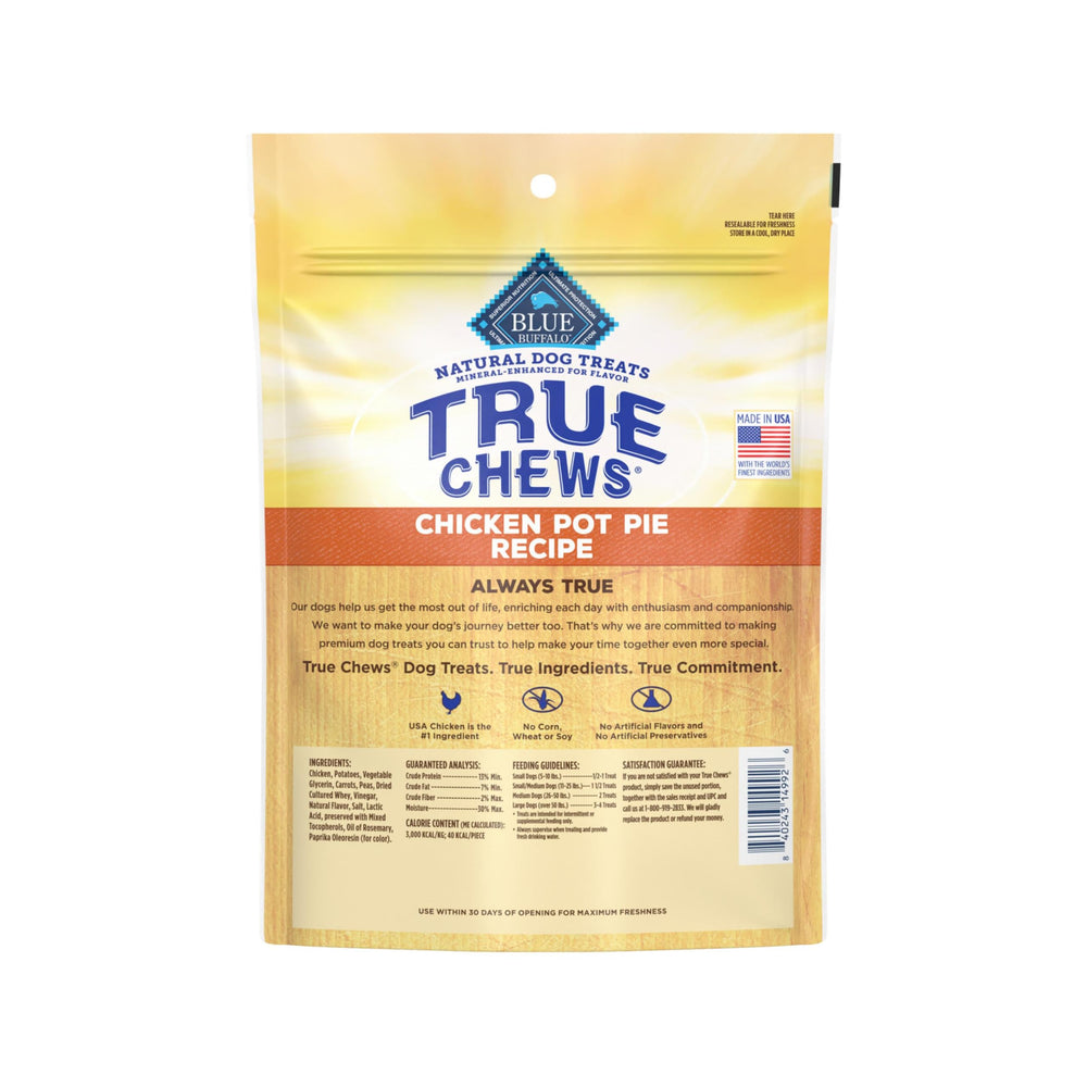 Blue Buffalo True Chews chicken pot pie piece highlighting easy-to-portion treats
