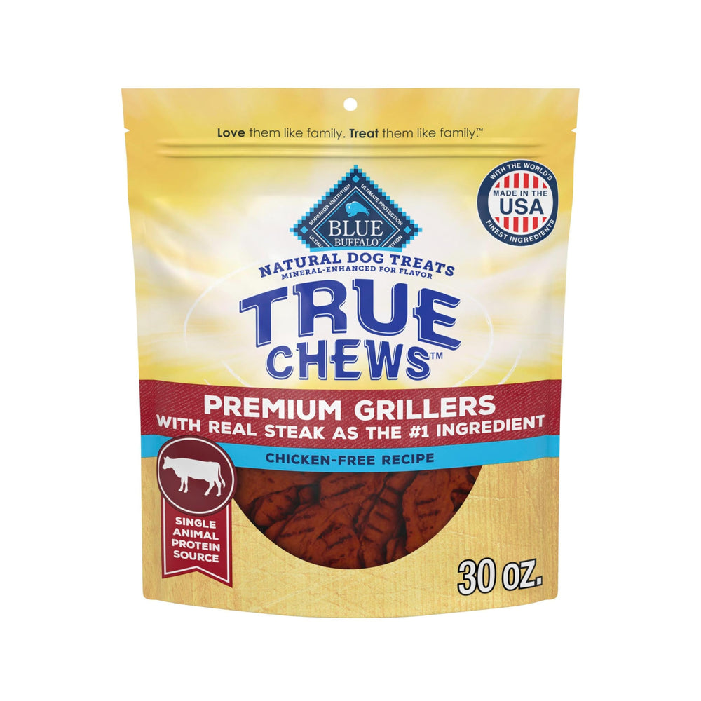 Blue Buffalo True Chews Grillers steak bag front showing real beef promise.