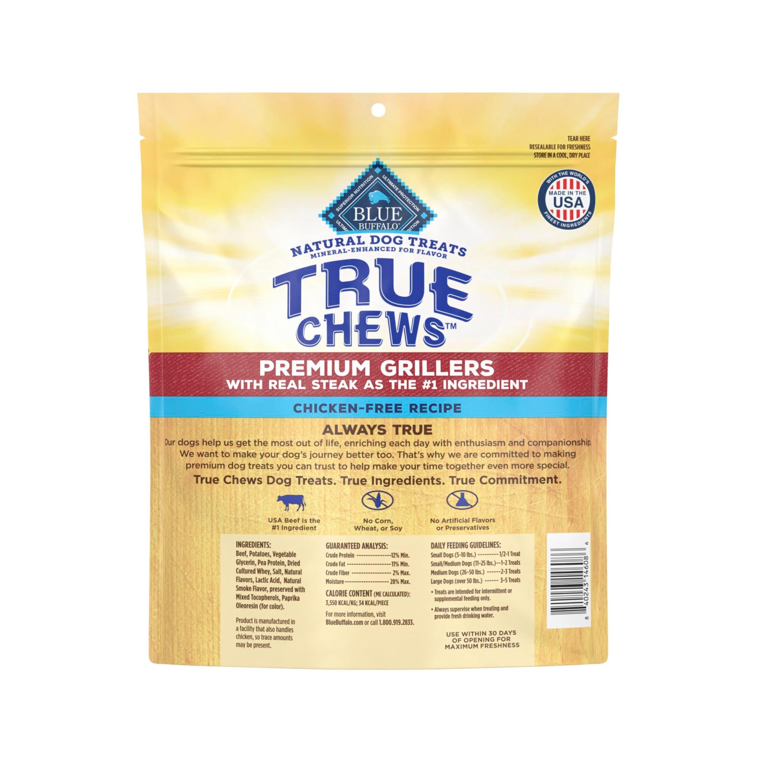 Blue Buffalo True Chews Grillers steak bag open highlighting texture and ingredients.