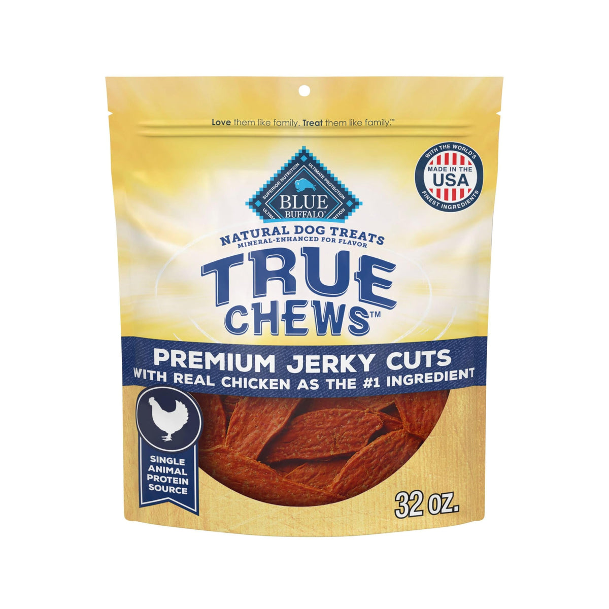 Blue Buffalo True Chews jerky chicken 32oz bag shows real chicken as the first ingredient.