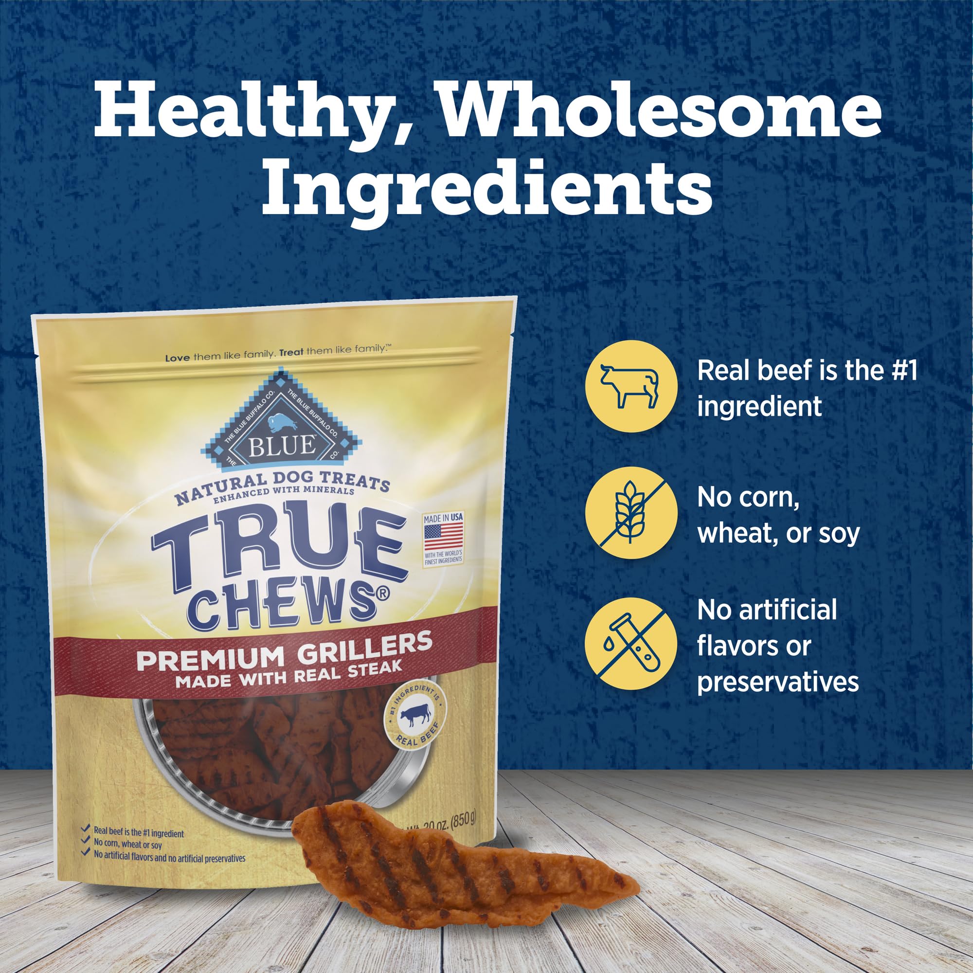 Blue Buffalo True Chews Premium Grillers, emballage mis en avant des ingrédients essentiels