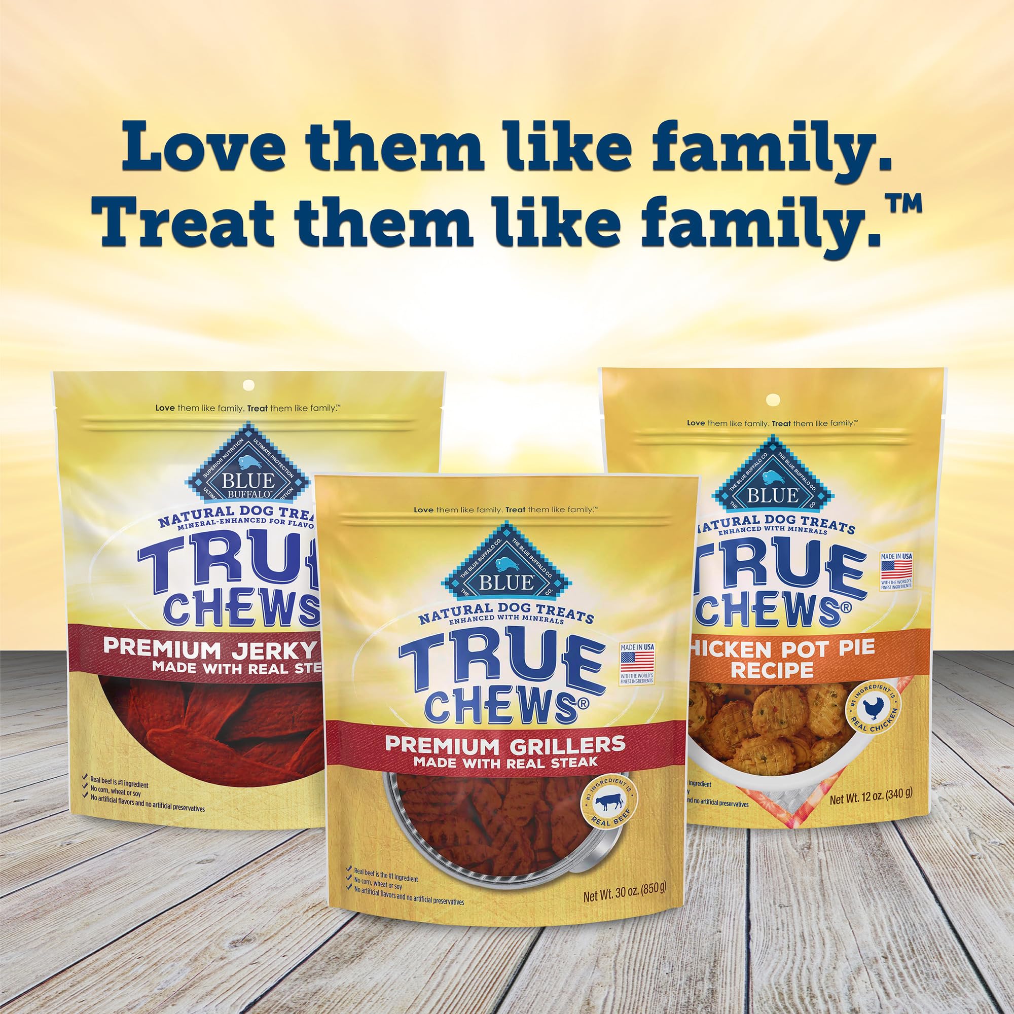 Blue Buffalo True Chews Premium Grillers steak bag being opened for quick rewards.